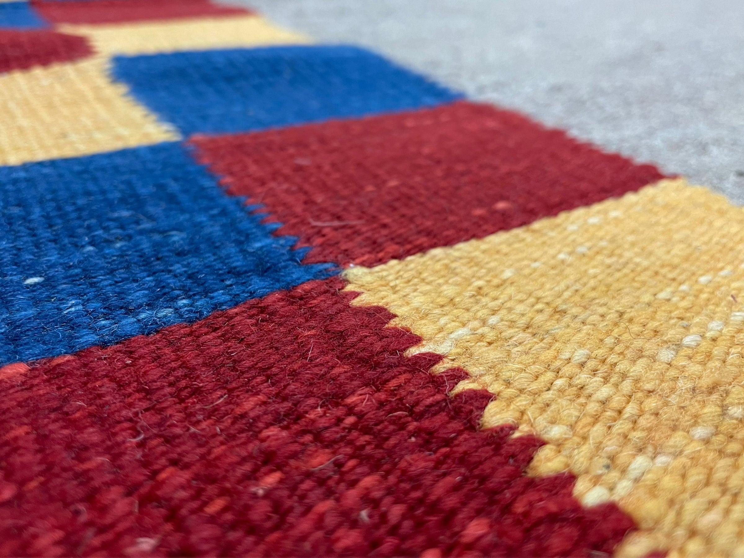 Gray Kilim Carpet, Yellow, Red, Blue Checkerboard Pattern, Flatweave, New, Geometric, Hand-Knotted, Wool, Turkish Area Rug, 5' 9" x 7' 9" - Jewel Rugs