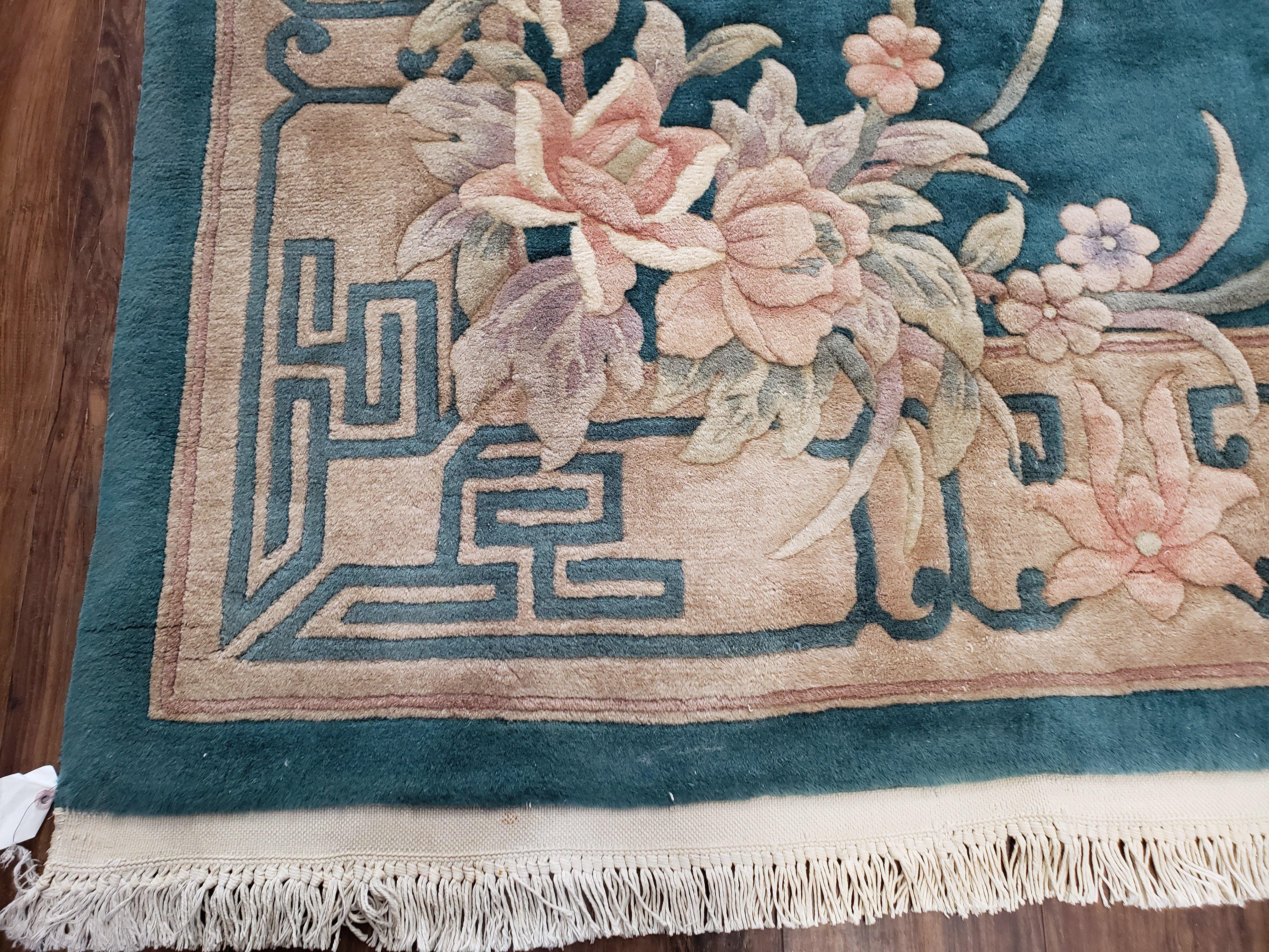 Chinese Carving Rug, 8x10 Rugs, Teal and Beige Chinese Carpet, Chinese 90 Line Rug, Vintage Chinese Art Deco Wool Rug, Handmade Rug, Floral - Jewel Rugs