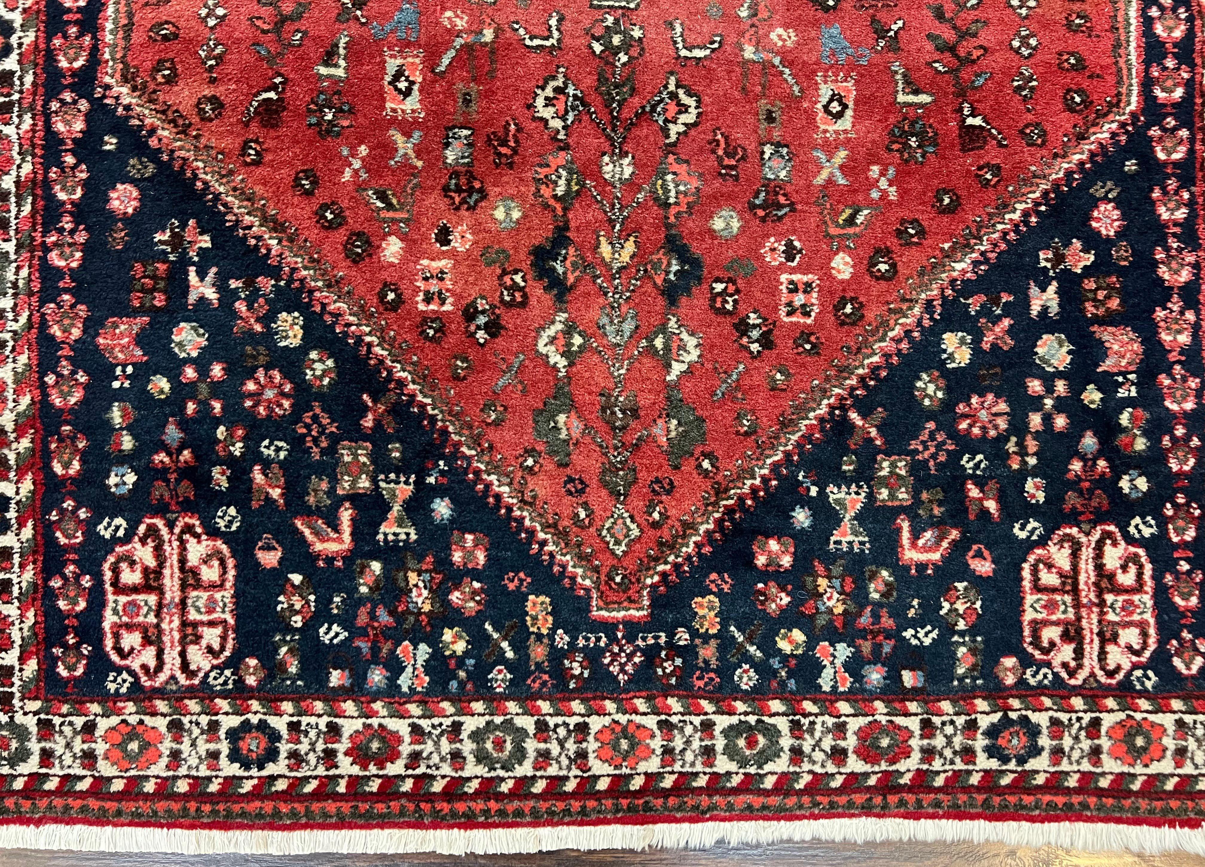 Persian Tribal Rug 3.6 x 5 ft, Persian Abadeh Rug, Geometric Medallion Bird Motifs, Red and Navy Blue Hand Knotted Handmade Wool Vintage Oriental Carpet - Jewel Rugs