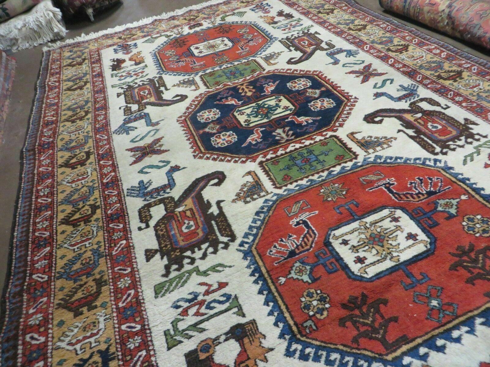 7' X 10' Vintage Handmade Knotted Turkish Wool Rug Birds Animal Ivory Organic - Jewel Rugs