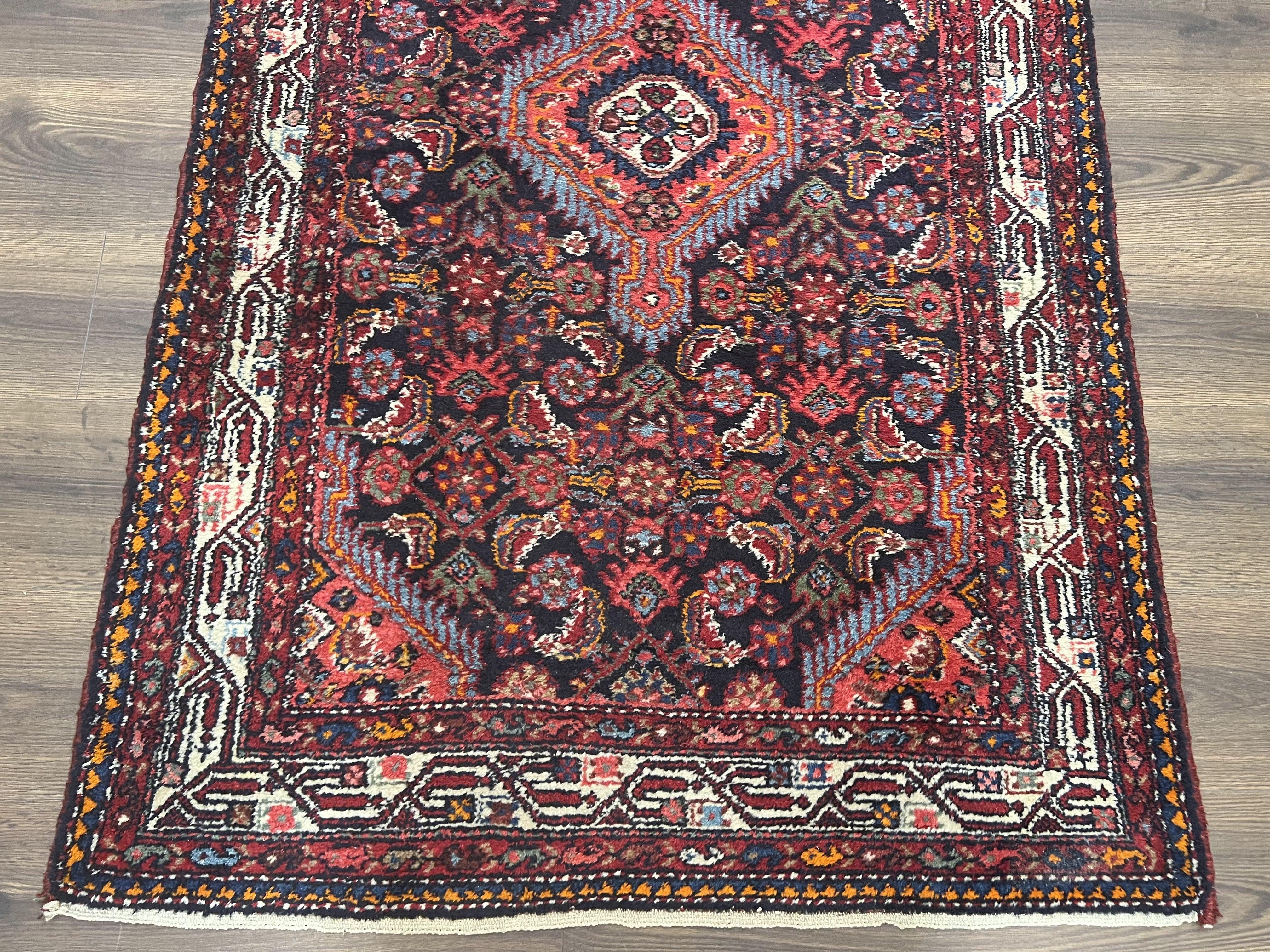 Persian Hamadan Tribal Rug 3.5 x 5.6, Black Red and Ivory Antique Wool Oriental Carpet, Handmade Bohemian Rug, Geometric Medallion, One of a Kind - Jewel Rugs