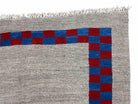 Gray Turkish Kilim Carpet 5' 7" x 7' 7", Medium Kilim Rug, Hand-Knotted, Blue & Red Border, Minimalistic Design, Geometric, Wool, New - Jewel Rugs