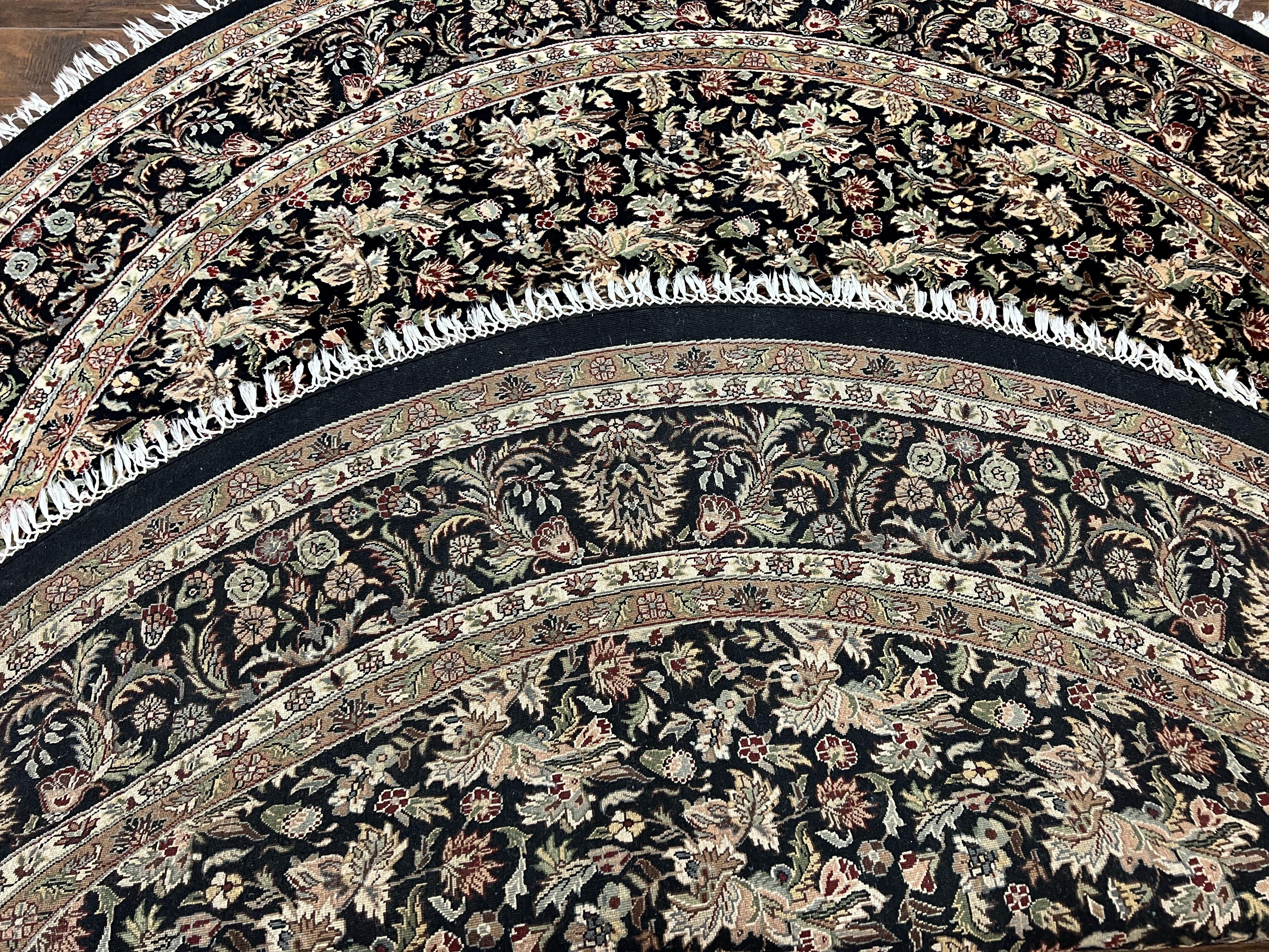 Round Oriental Rug 8x8 ft, William Morris Floral Pattern Carpet, 8 x 8 ft Round Rug, Black Cream and Tan 8ft Round Handmade Indo Persian Rug - Jewel Rugs