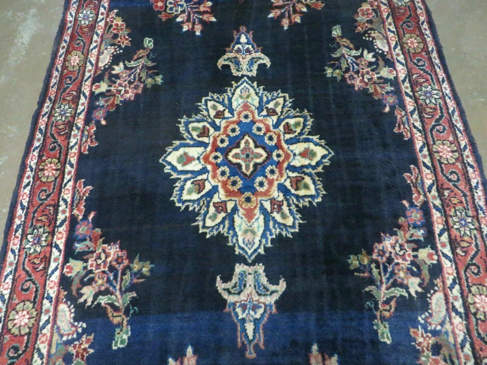 Persian Runner Rug 3.7 x 10.9, Antique Persian Hamadan Wool Handmade Oriental Tribal Hallway Runner, Navy Blue Red Cream, Floral Semi Open Field Medallion - Jewel Rugs