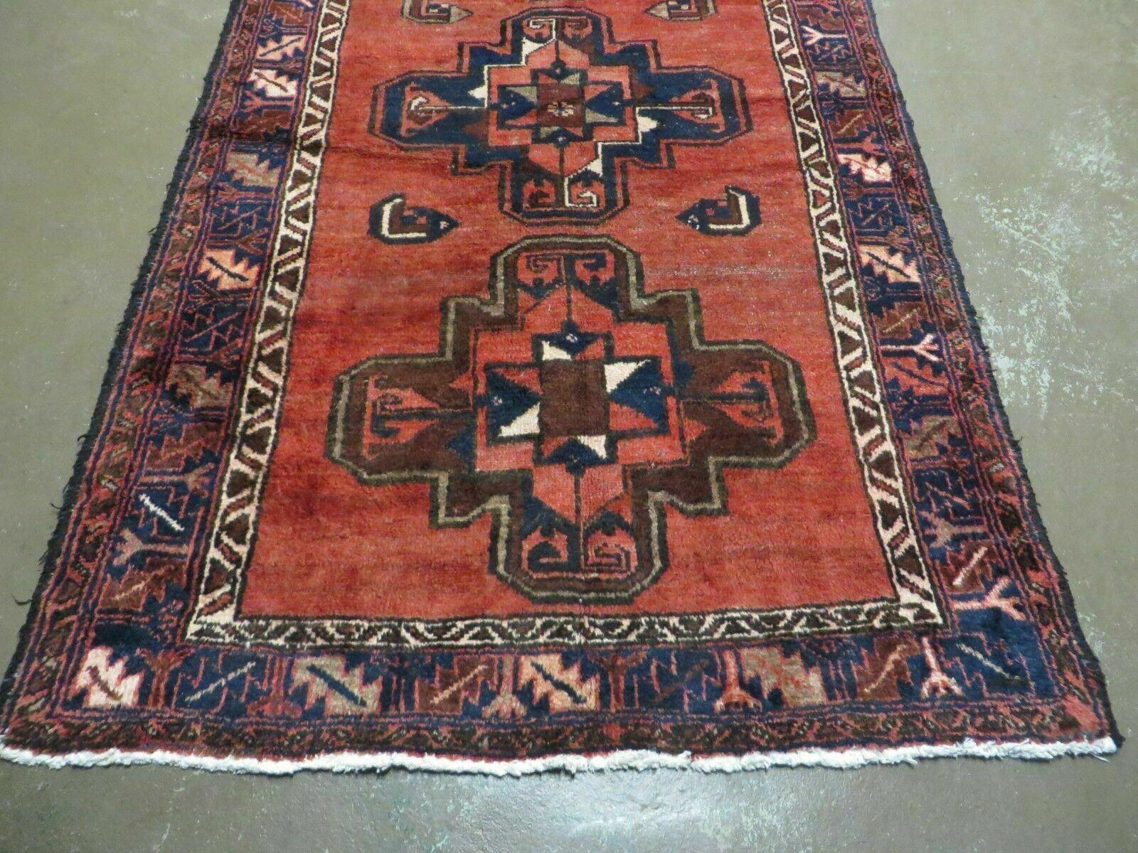 Persian Runner Rug 3.5 x 9.8, Persian Hamadan Rug with Kazak Pattern, Antique Wool Oriental Tribal Runner, Repeated Medallions, Handmade Hallway Kitchen Runner Rug, Red Navy Blue - Jewel Rugs