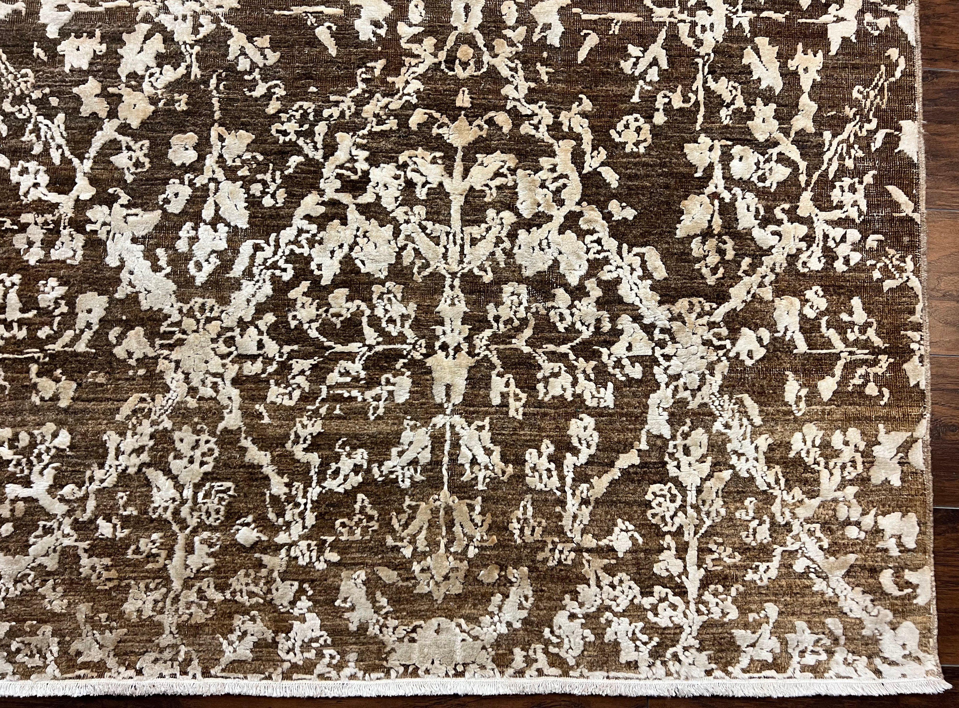 Modern Hand Knotted Rug 9x12, Contemporary Pakistani Oriental Carpet, Brown Area Rug, Wool Floral Rug 9 x 12 ft, Contemporary Room SIzed Rug - Jewel Rugs