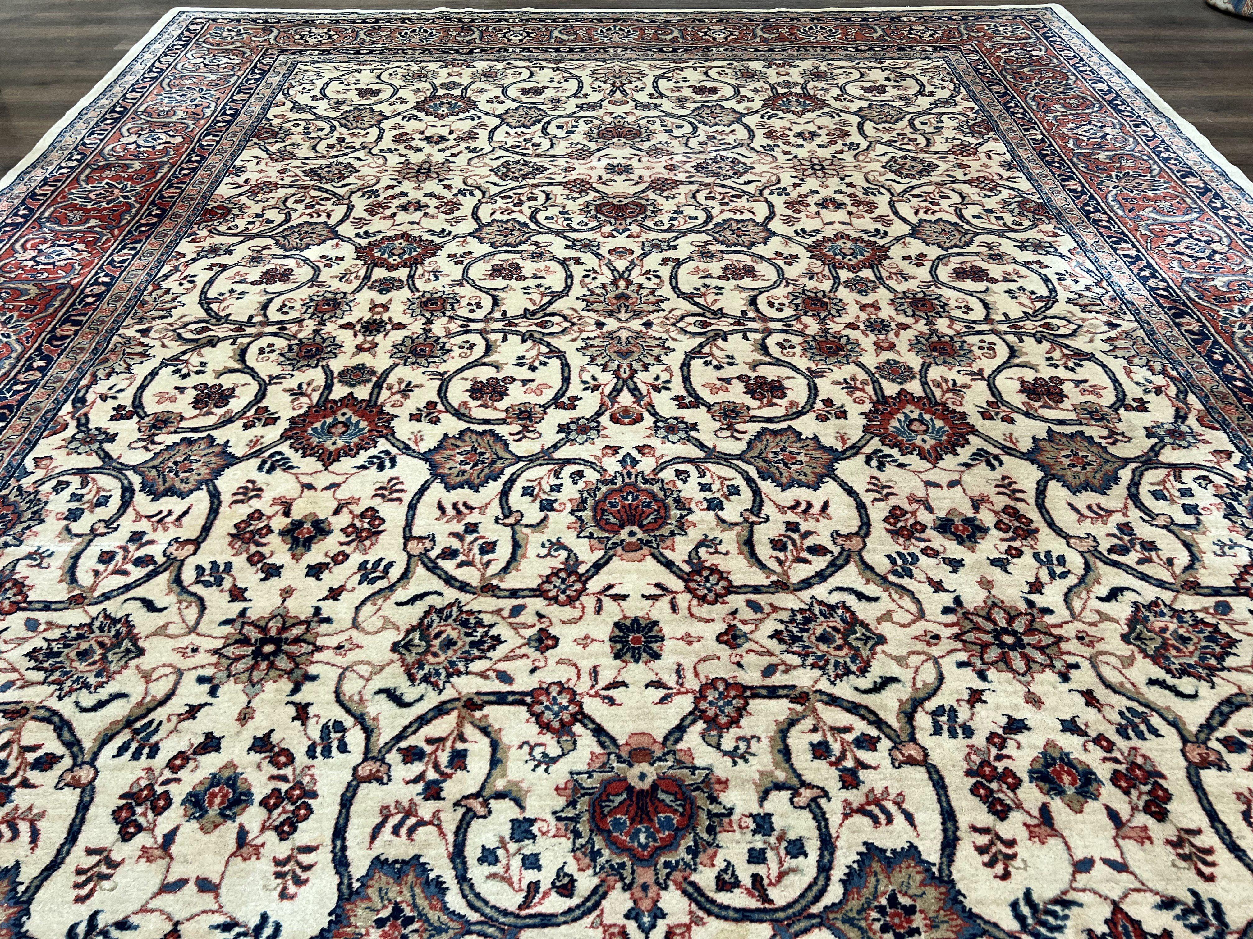 Beautiful Persian Sarouk Rug 10x14, Wool Hand-Knotted Ivory Antique Oriental Carpet 10 x 14, Ivory/Cream Red Blue, 1940s, Top Quality Fine Handmade - Jewel Rugs