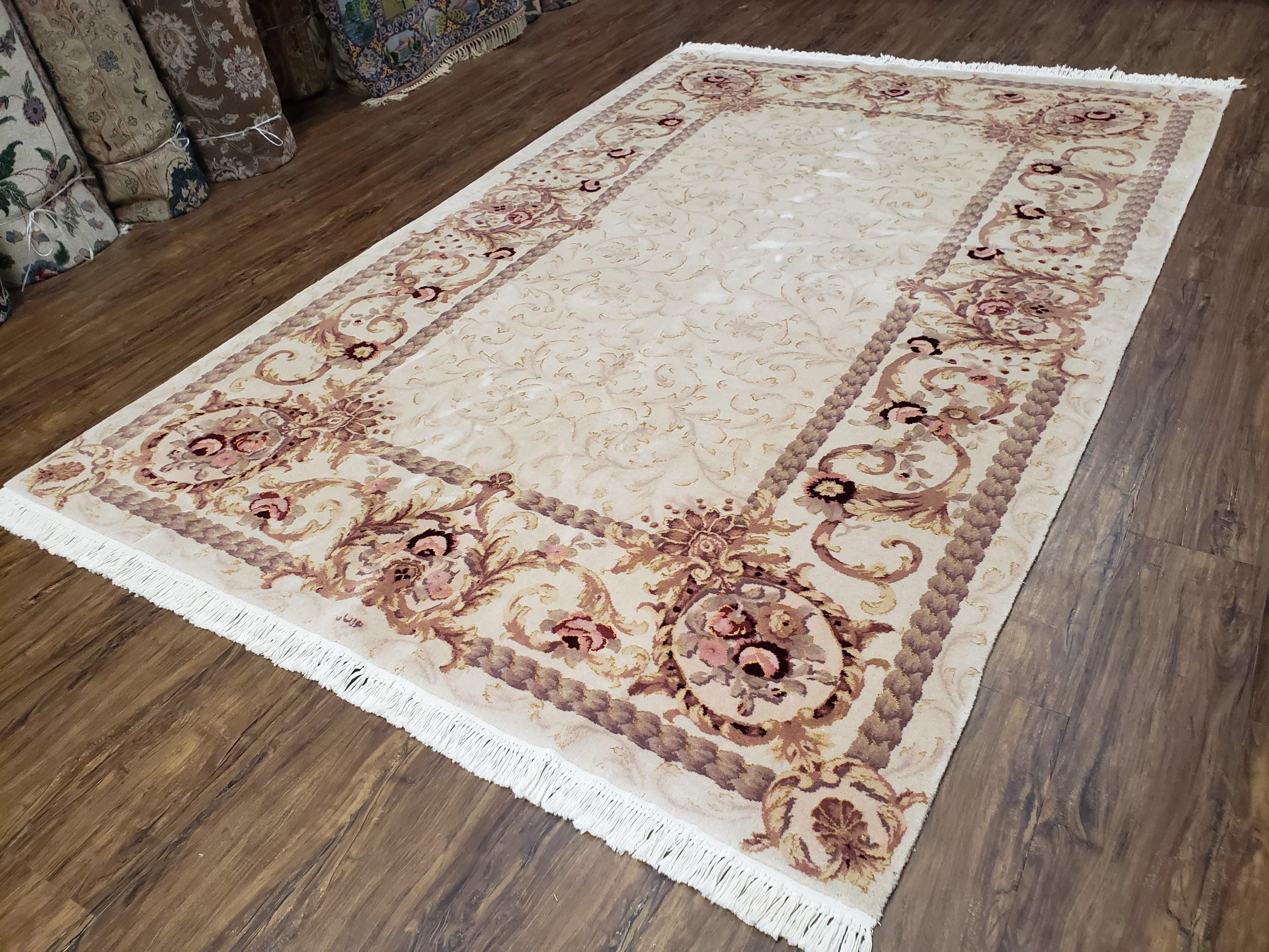 Vintage Ivory Chinese Aubusson Area Rug 6x9, Wool & Silk, Hand-Knotted 120 Line Fine Rug, European Design Carpet, 6 x 9 Master Signature Rug - Jewel Rugs