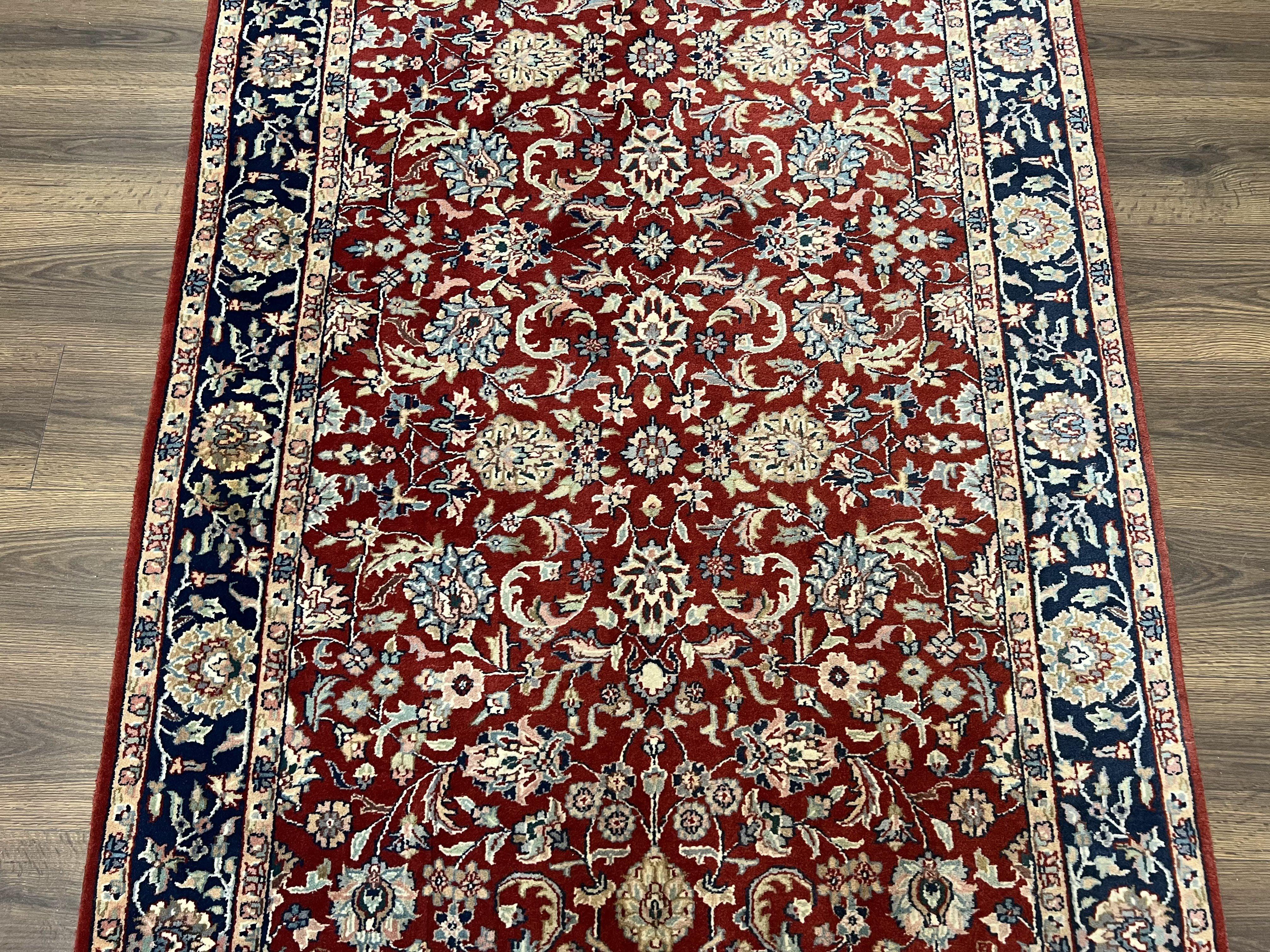 Vintage Indo Persian Runner Rug 4x10, Wool Hand-Knotted Oriental Carpet, Red Dark Blue Indian Rug, Allover Floral, Hallway Rug, Traditional - Jewel Rugs