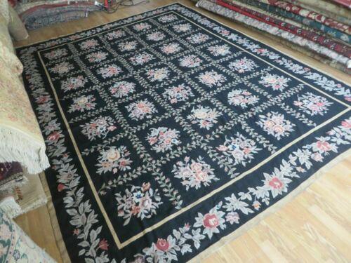 8' X 10' Handmade French Garden Aubusson Savonnerie Design Black Needlepoint Rug - Jewel Rugs