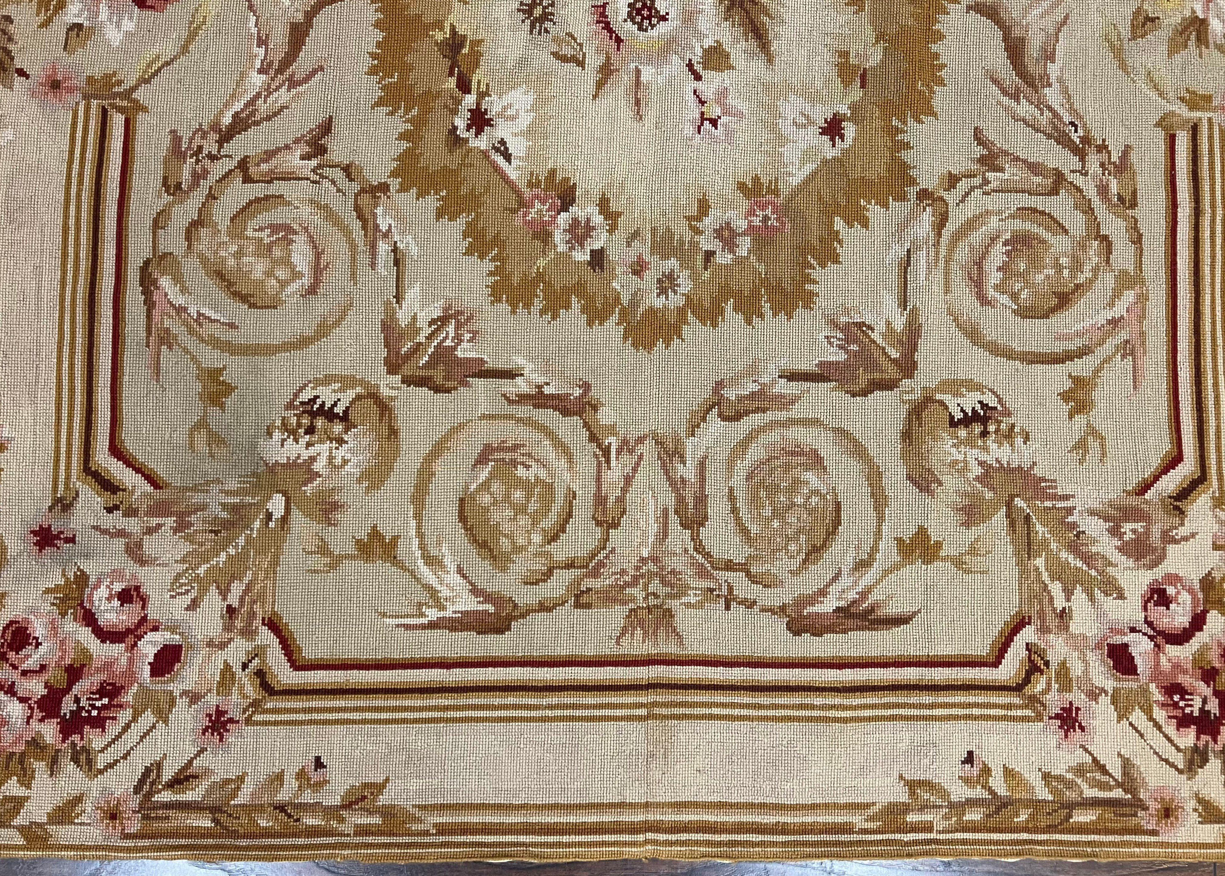 Aubusson Needlepoint Rug 4x5 ft, Beige and Tan, Aubusson Savonnerie Vintage Carpet, Handwoven Handmade Wool Rug, European Design Floral Rose - Jewel Rugs