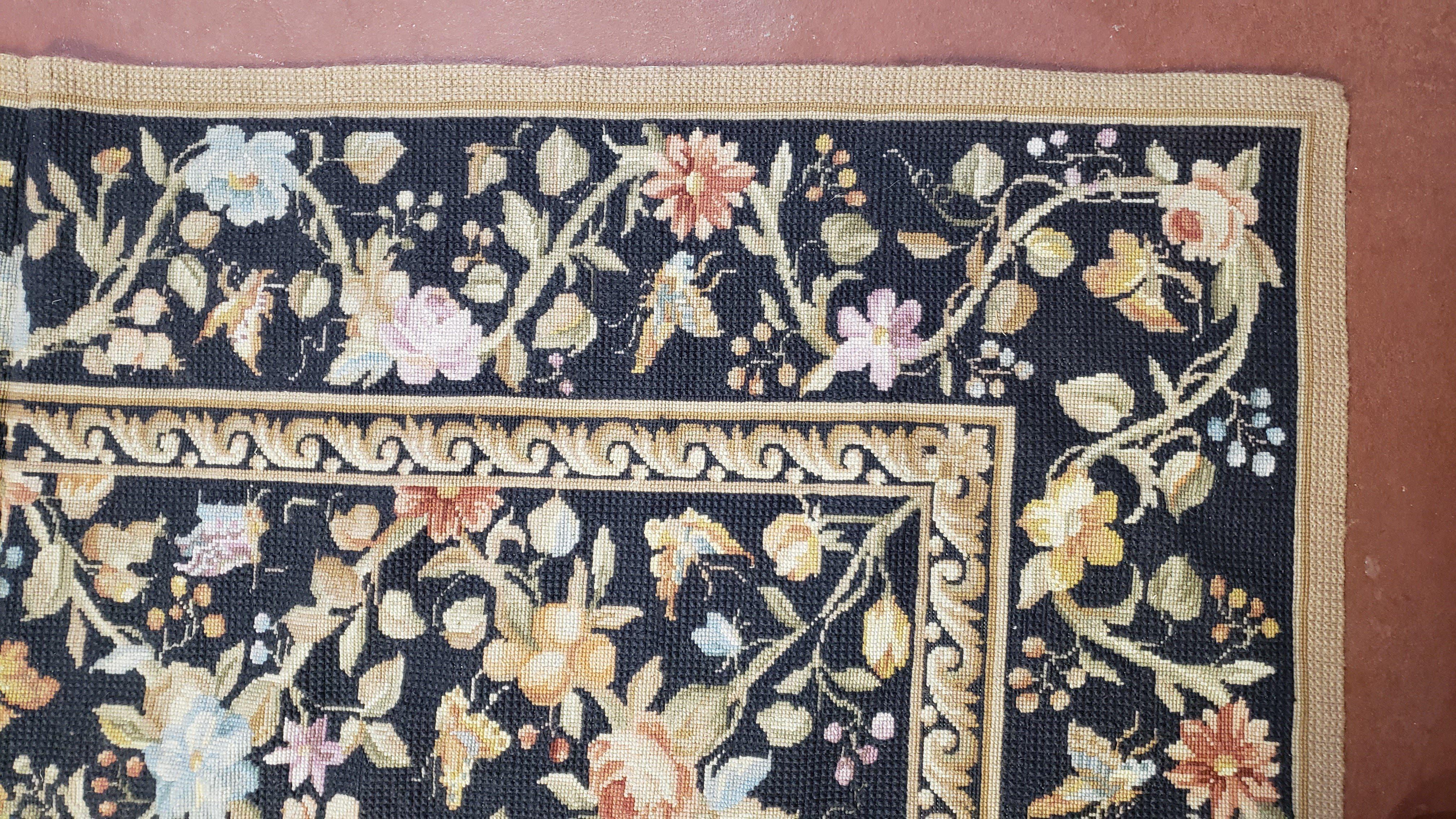 6x9 Vintage Needlepoint Rug Petitepoint Carpet Butterflies Floral Design Dark Brown & Tan 6 x 9 Handmade Flatweave Area Rug - Jewel Rugs