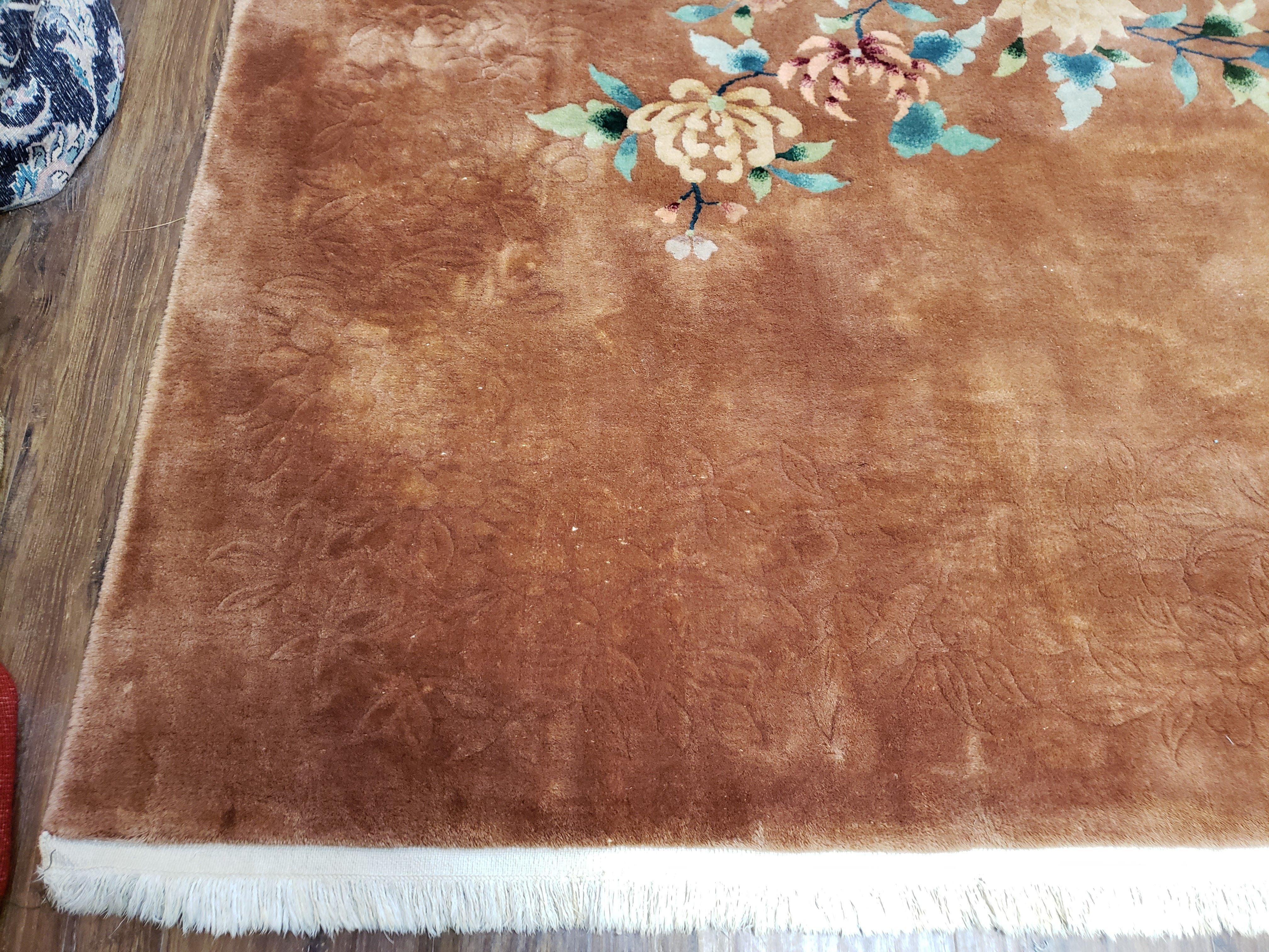 Antique Chinese Art Deco Rug, 9x11 - 9x12 Rug, Light Brown and Multicolor Flowers, Nichols Rug, Asian Deco Rug, Wool Handmade Room Sized Rug - Jewel Rugs