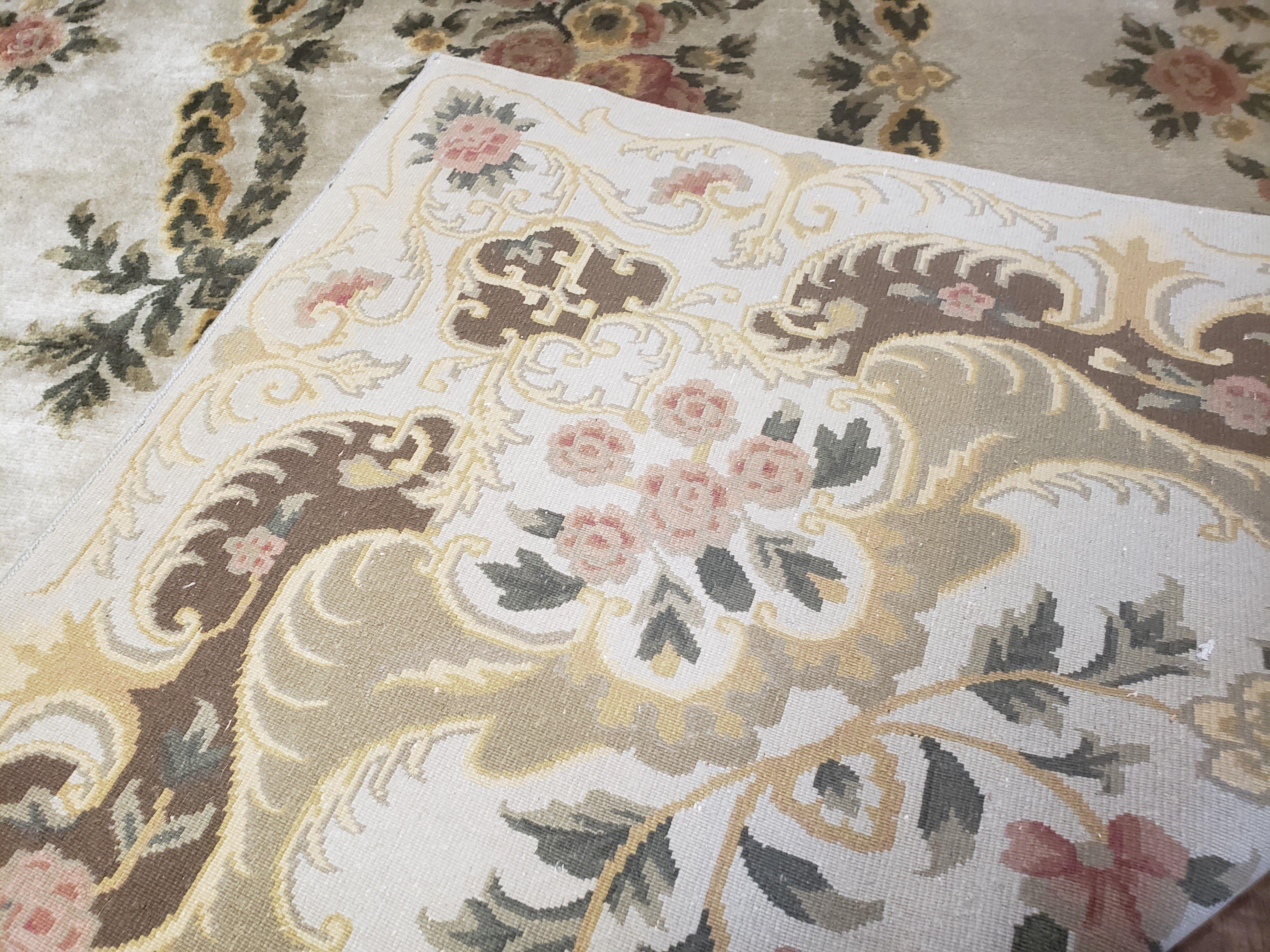 Aubusson Rug 10x14, Elegant French European Design, Vintage Handmade Carpet with Pile, Beige Floral Dining Room Rug, Living Room, Soft Wool - Jewel Rugs