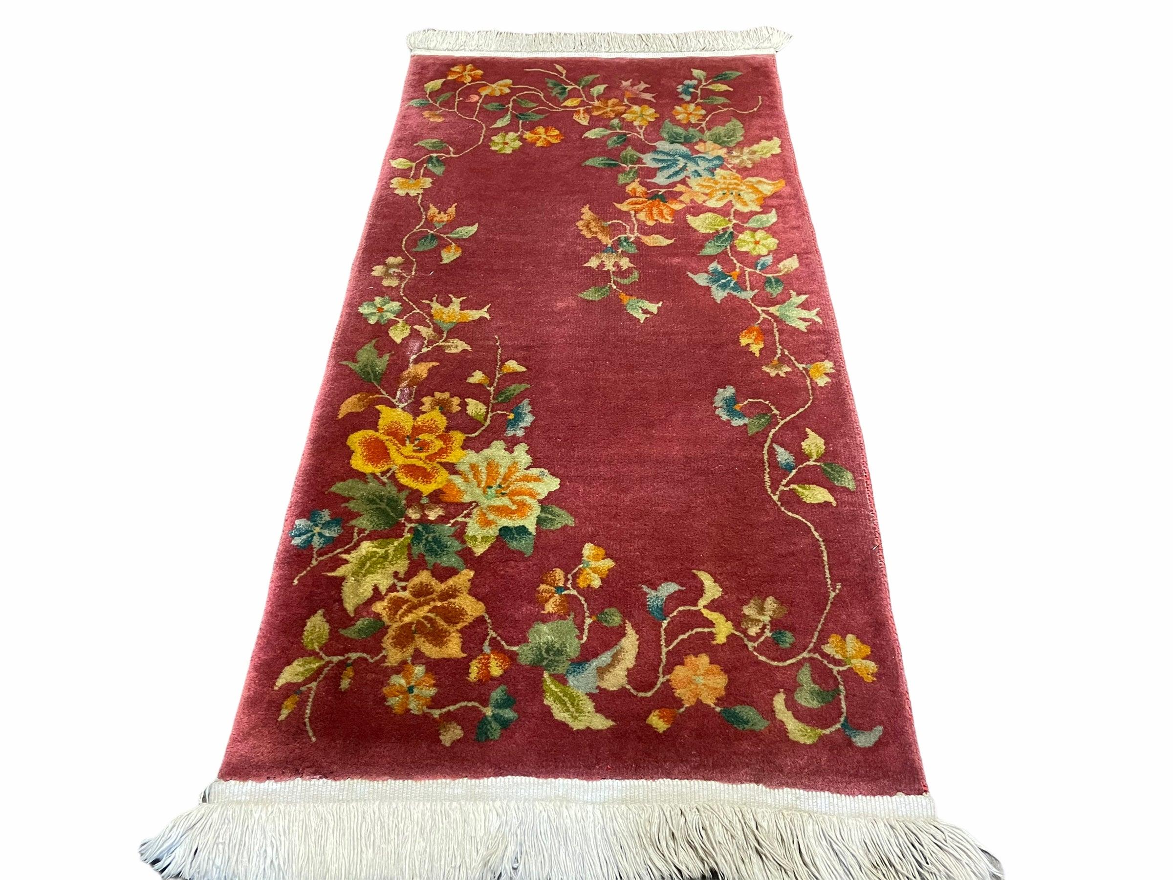 2x4 Handmade Chinese Art Deco Nichols Wool Rug Peking Carpet Flowers Rusted Red - Jewel Rugs