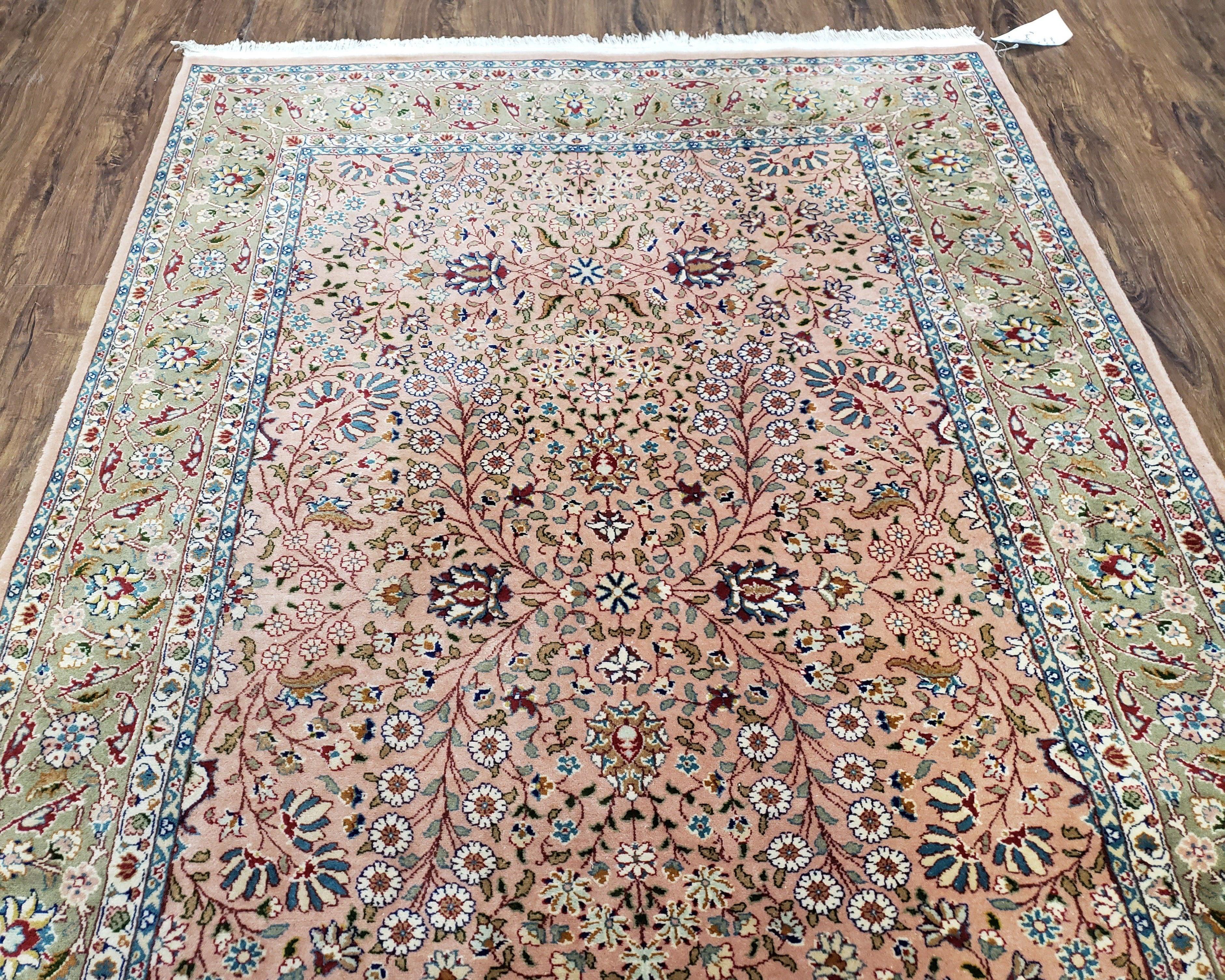 Turkish Hereke Rug 4x6, Wool on Cotton Turkish Hereke Carpet 4 x 6 ft, Handmade Hand Knotted Fine Oriental Rug, Light Coral Red and Green - Jewel Rugs