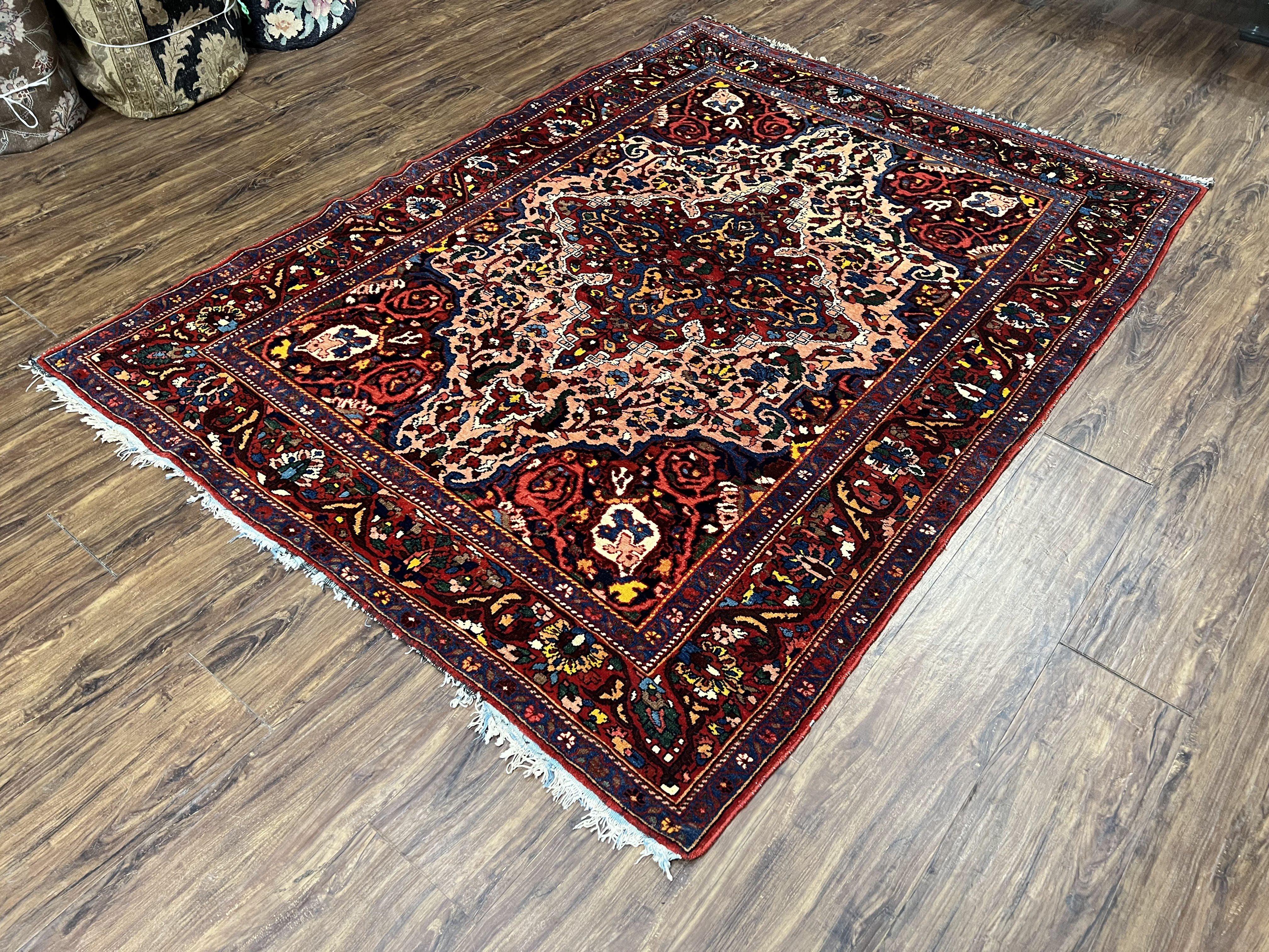 Antique Persian Bakhtiari Rug 5x6 ft, Village Rug, Vegetable Dyed, Red Midnight Blue Gold Tan, Hand Knotted Wool Carpet, Floral Medallion - Jewel Rugs