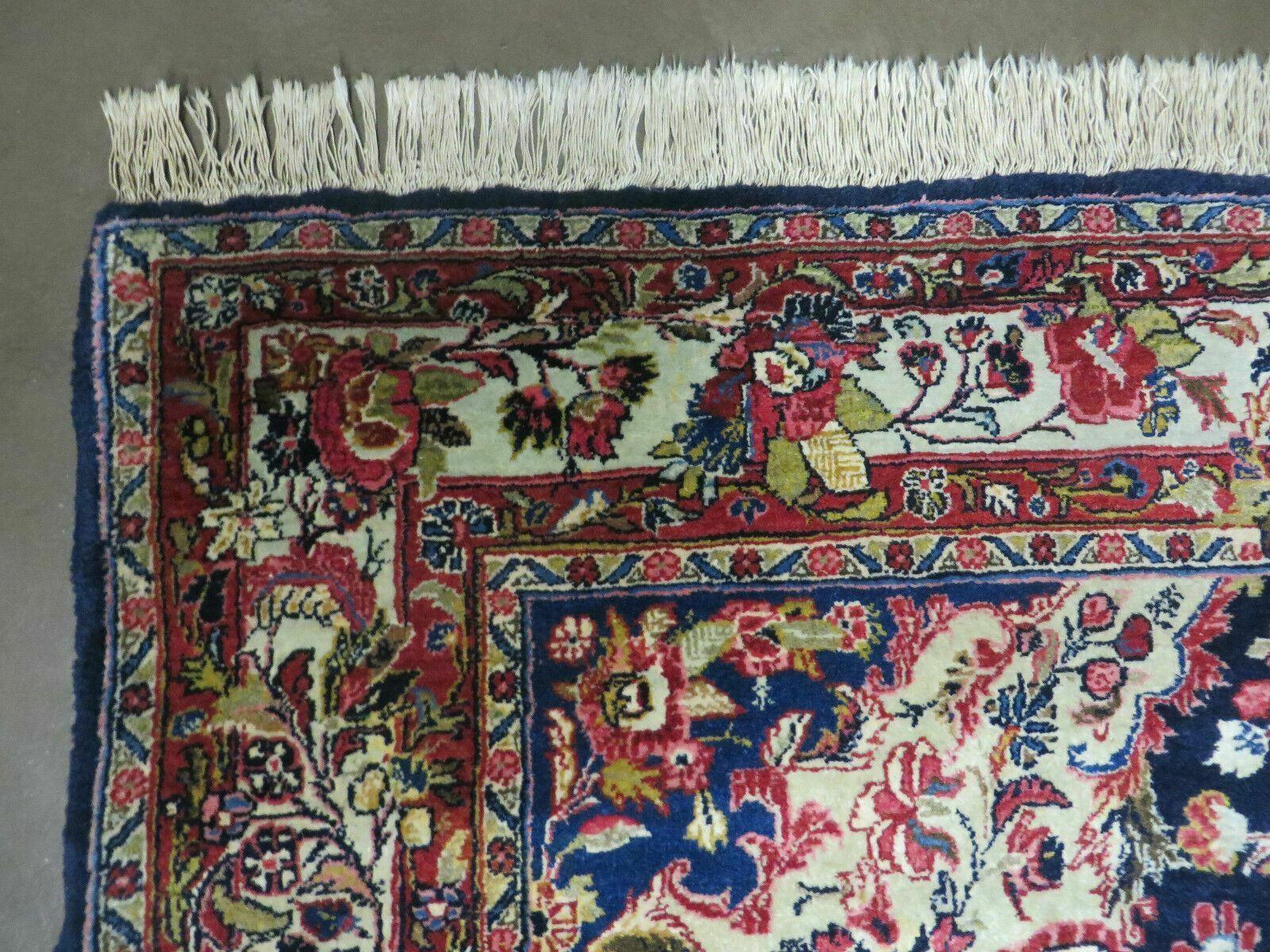 Persian Sarouk Rug 4x7, Hand Knotted Oriental Carpet 4 x 7 ft, Dark Blue Cream Red Floral Wool Rug, Semi Antique 1950s Persian Area Rug, Handmade - Jewel Rugs