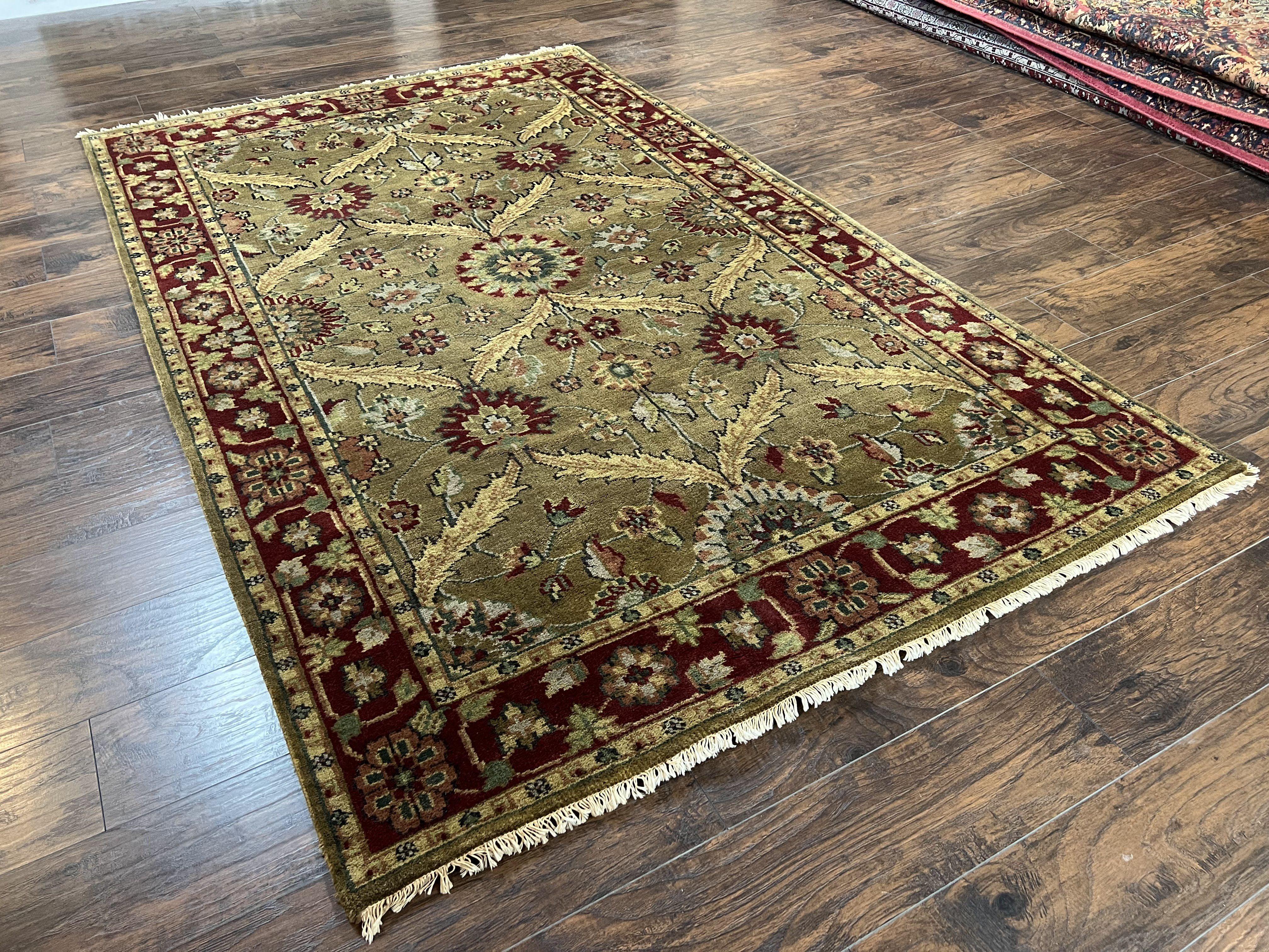 Vintage Indo Mahal Area Rug 5.7 x 9, Indian Persian Oriental Carpet, Green Maroon Beige Rug, Hand-Knotted, Floral Design, Wool, Medium Rug - Jewel Rugs