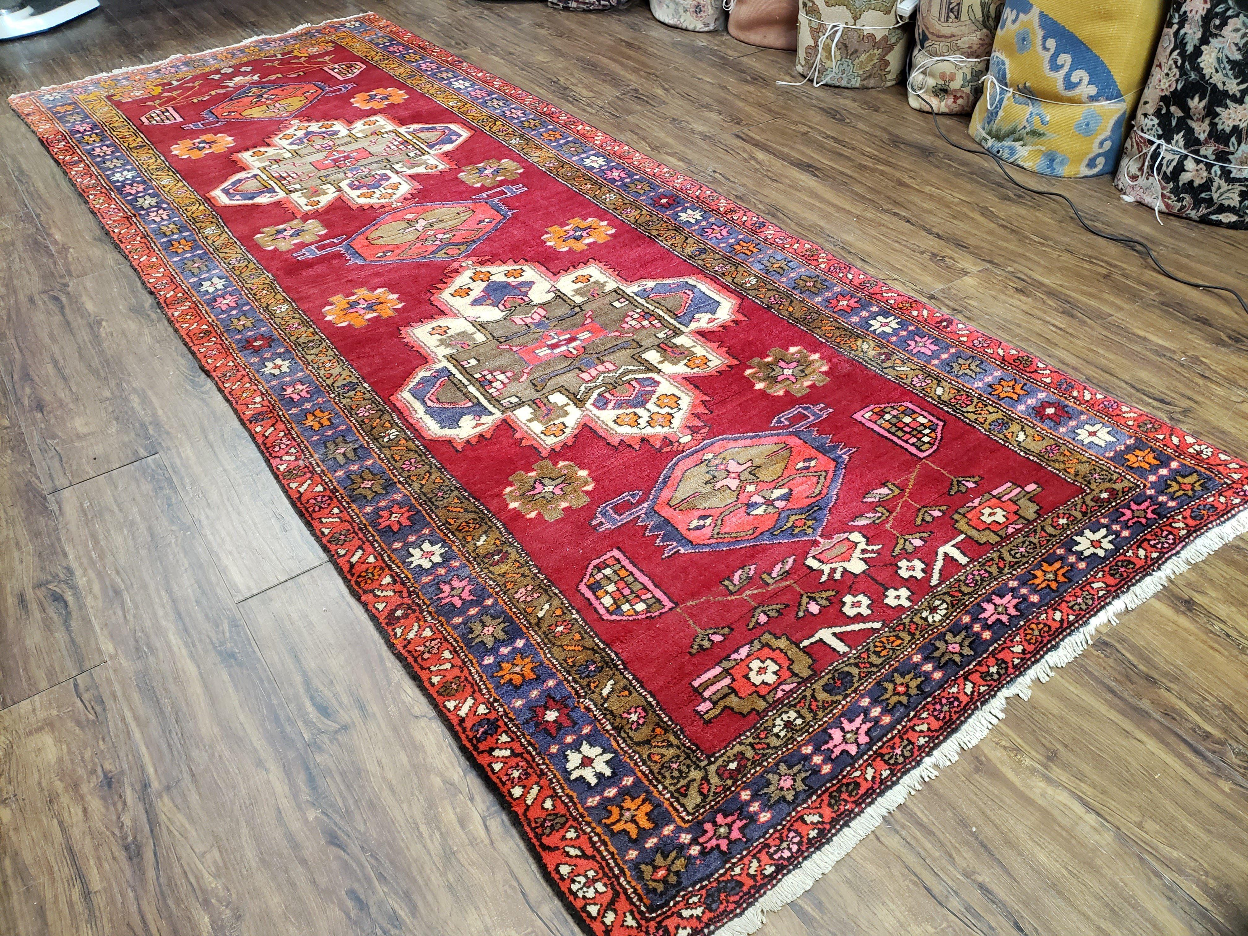 Semi Antique Persian Karajeh Runner Rug, Hand-Knotted, Wool, Medallions, 4'4" x 11' - Jewel Rugs