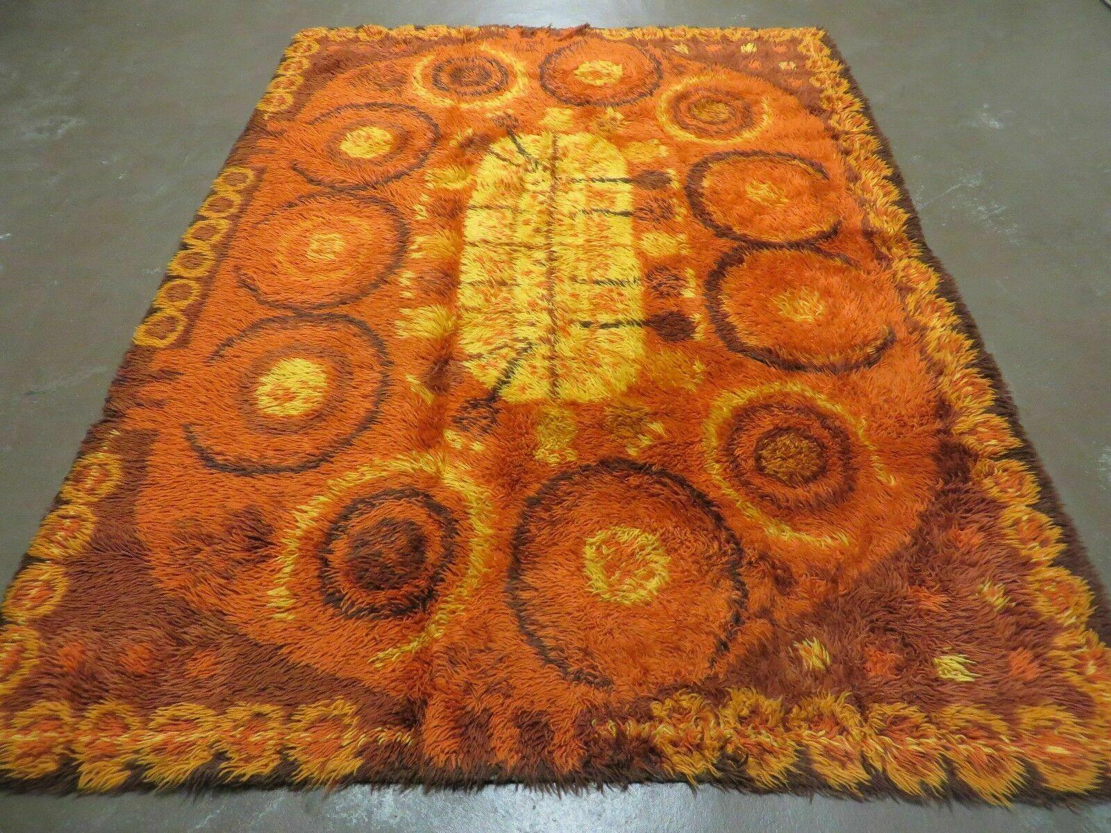 5' X 7' Vintage 1960 Danish Rya Shag DeLuxe Ege Orange and Red Rug Comet Mid-Century Modern Contemporary Area Rug - Jewel Rugs