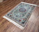 Persian Nain Rug, Green and Beige, Wool and Silk, Hand-Knotted, Floral Medallion, 2'10" x 4'3", 6-La - Jewel Rugs