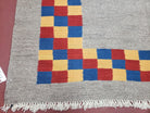 New Turkish Kilim Area Rug, Gray Carpet With Colorful Checker Border, 5'6" x 8", Flatweave Carpet, Playroom Rug, Kids Room Rug, Hand-Knotted - Jewel Rugs