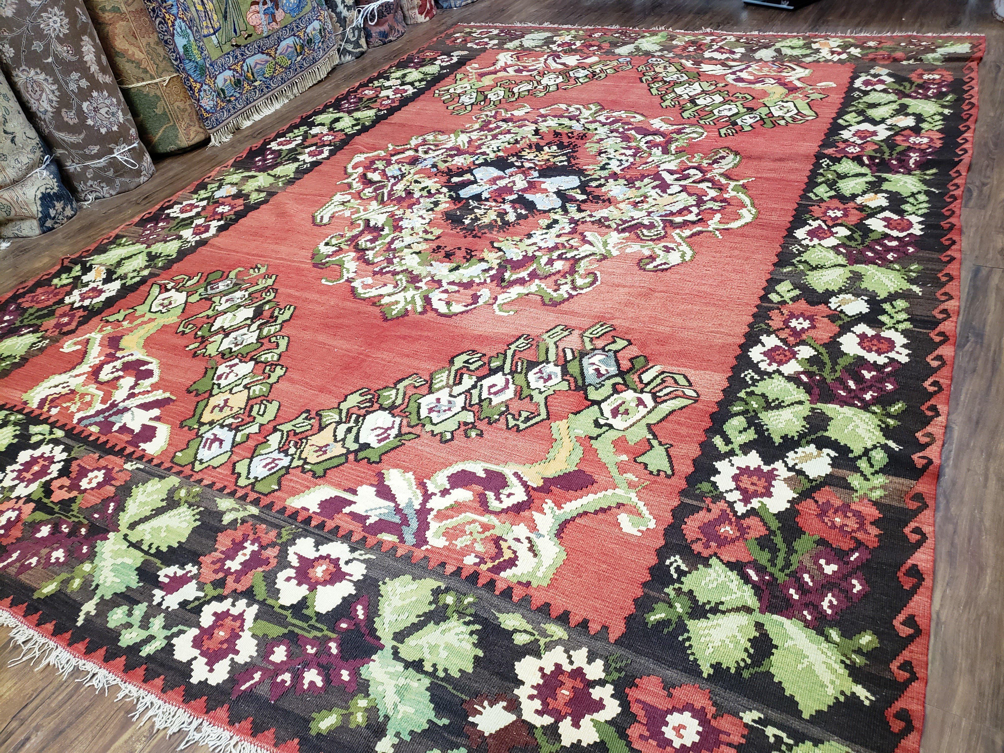 Karabakh Rug 8x11, Caucasian Kilim Rug, Vintage Antique Turkish Anatolian Azerbaijani Carpet, Wool Red & Black Hand-Woven 8 x 11 Living Room - Jewel Rugs