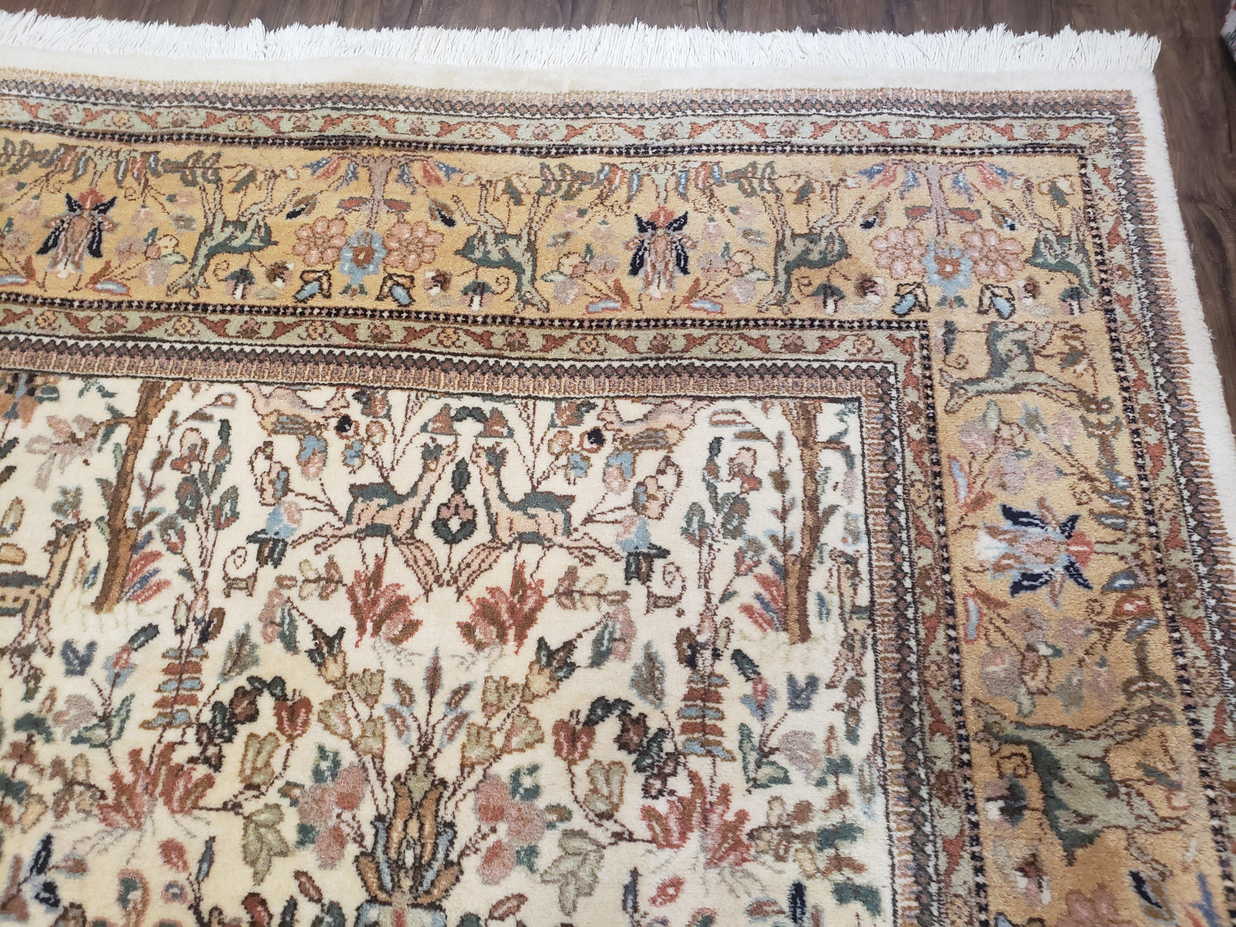 Semi Antique Persian Tabatabaie Tabriz Rug, Animal Pictorials, Ivory & Gold, Hand-Knotted, Wool, 7' 10" x 10' 6" - Jewel Rugs