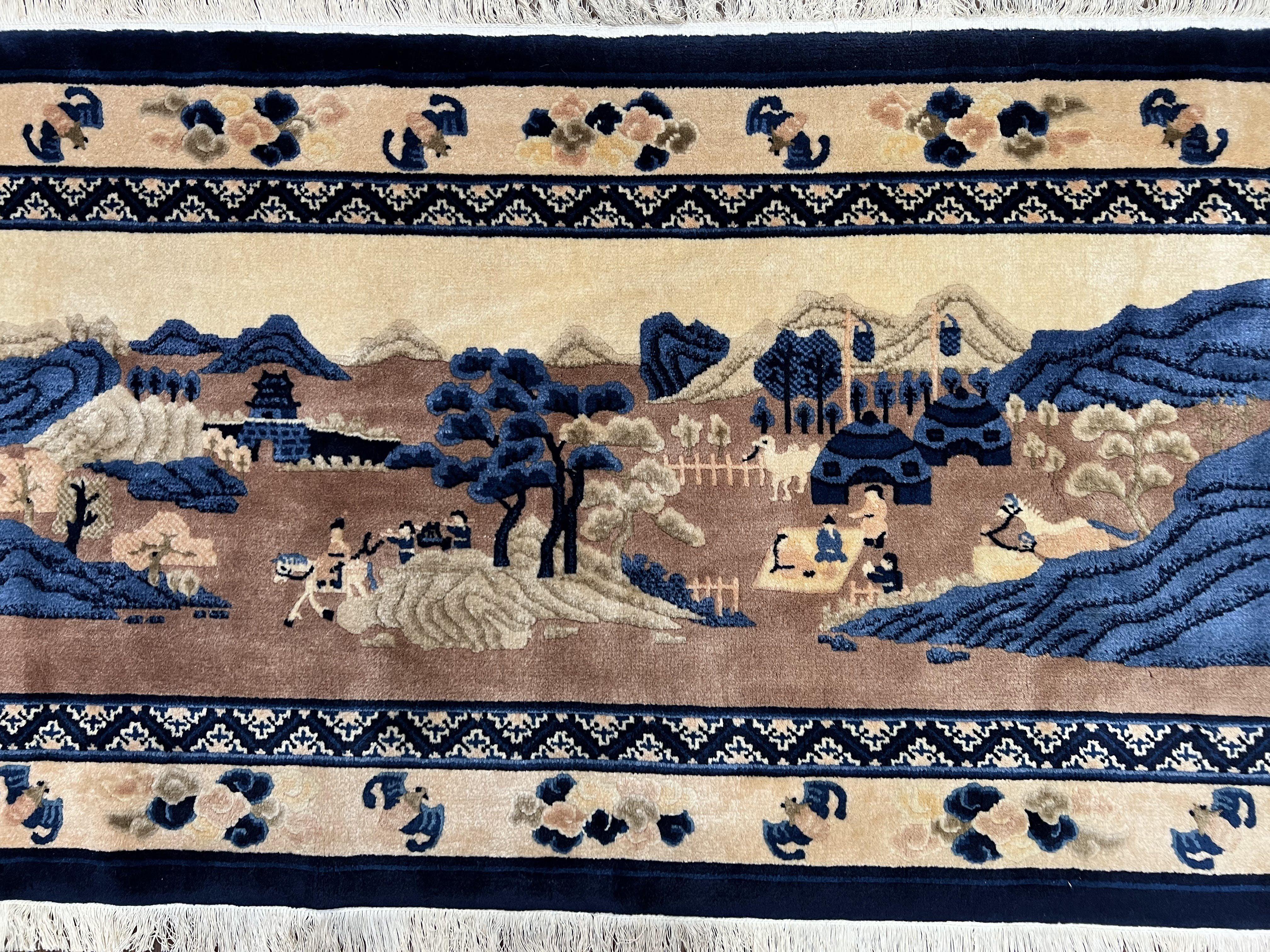 Antique Chinese Pictorial Rug 2.7 x 5, Chinese Village and Hills Carpet, Beige and Dark Blue, Handmade, Horizontal Rug Wall Hanging Tapestry - Jewel Rugs