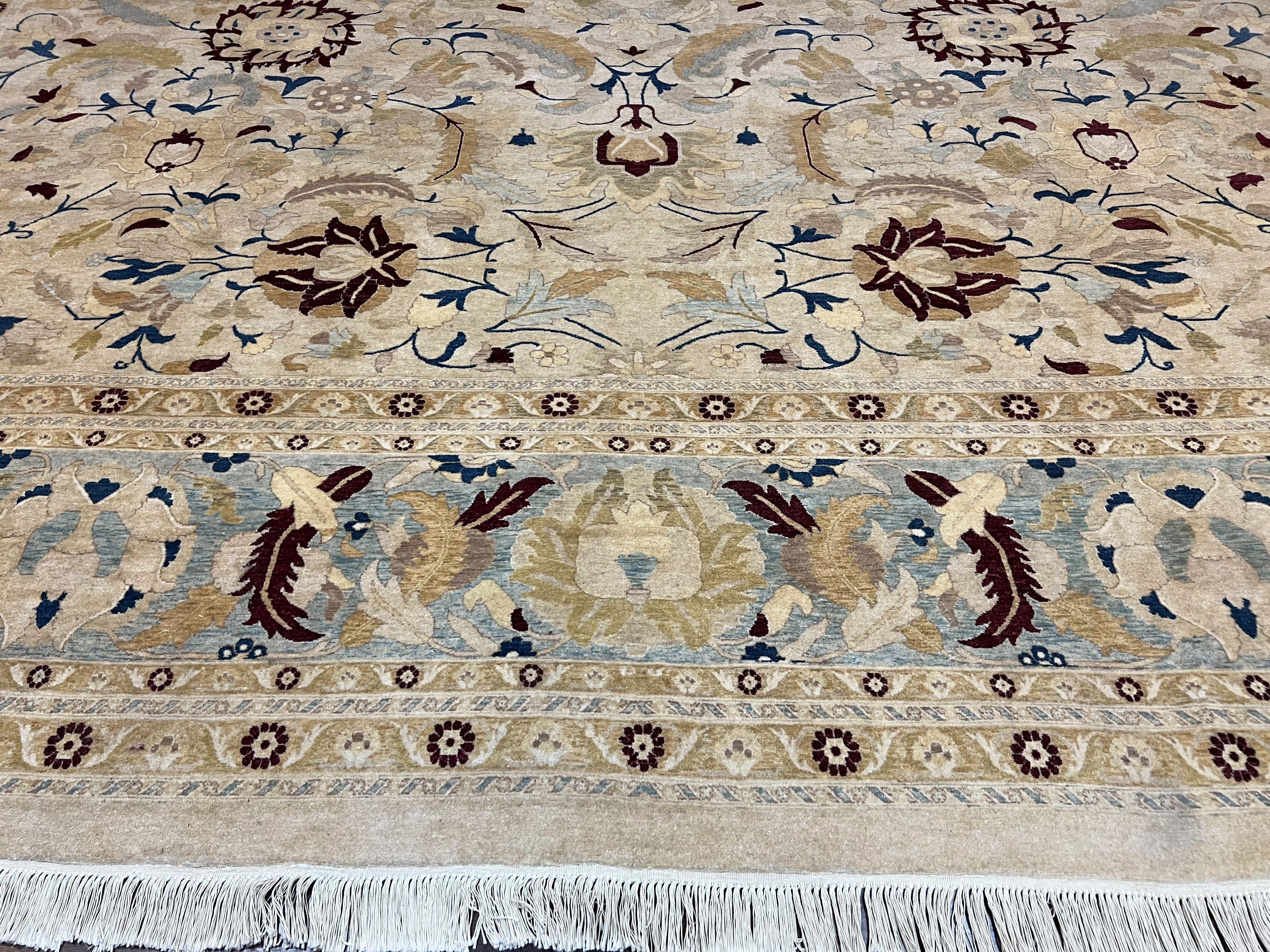 Beautiful Oversized Indian Oriental Rug 12x17 Palace Sized Handmade Wool Carpet, Indo Mahal Oushak, Indo Persian Rug, Oatmeal Light Blue Tan - Jewel Rugs