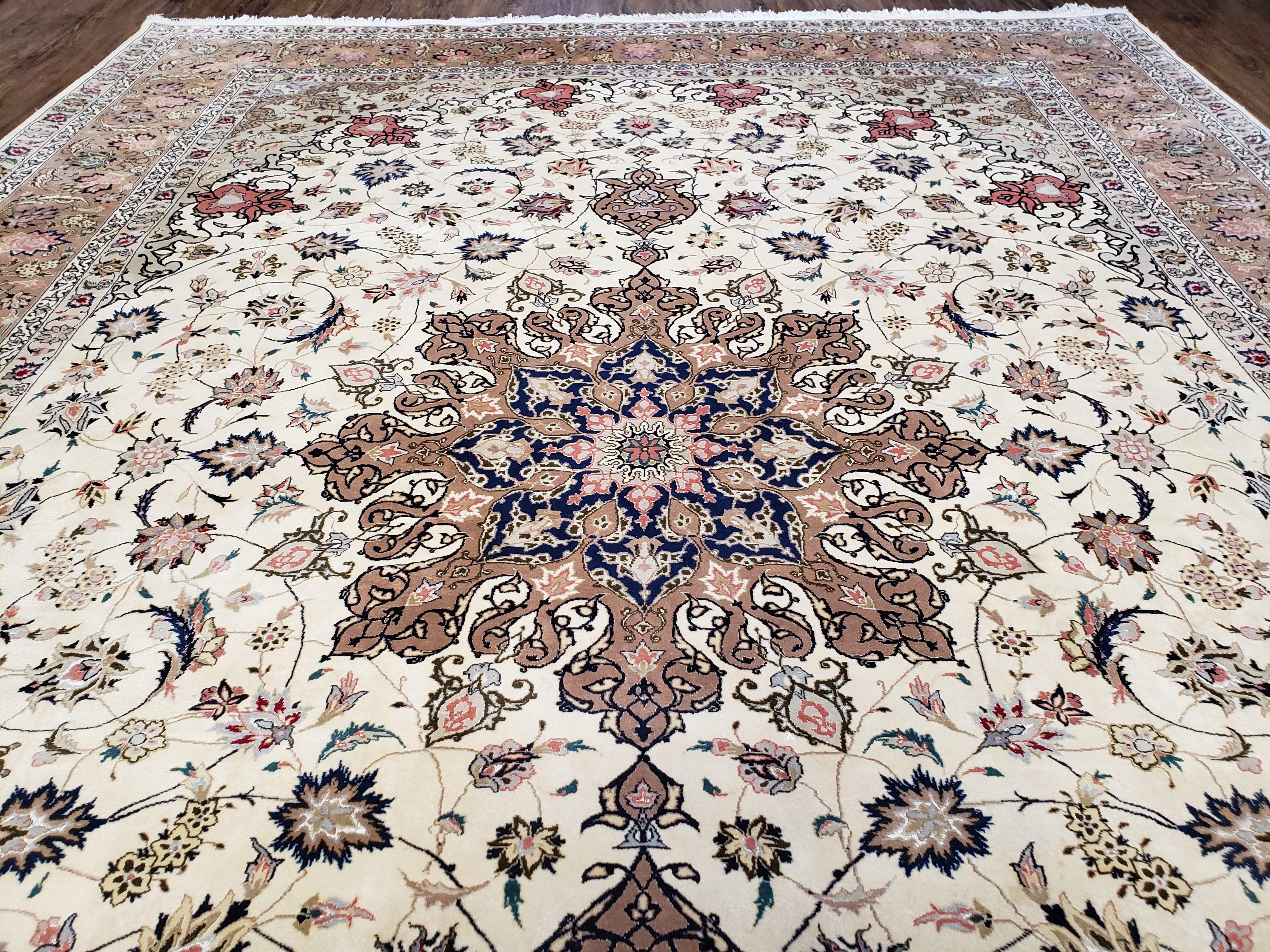 Vintage Persian Tabriz Rug, Ivory & Rose Red, Hand-Knotted, Wool and Silk Highlights, 8'2" x 11'2" - Jewel Rugs