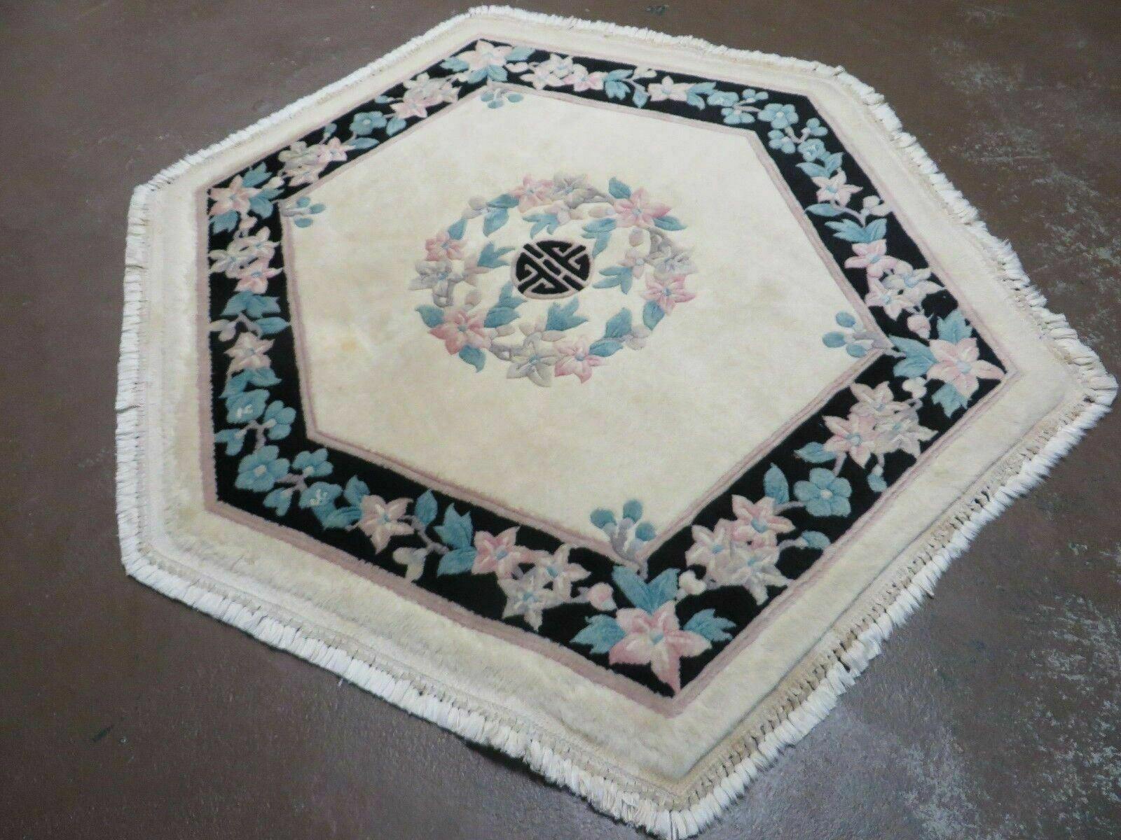 4' 7" X 4' 7" Vintage Handmade Chinese Floral Oriental Hexagon Wool Rug Carpet - Jewel Rugs