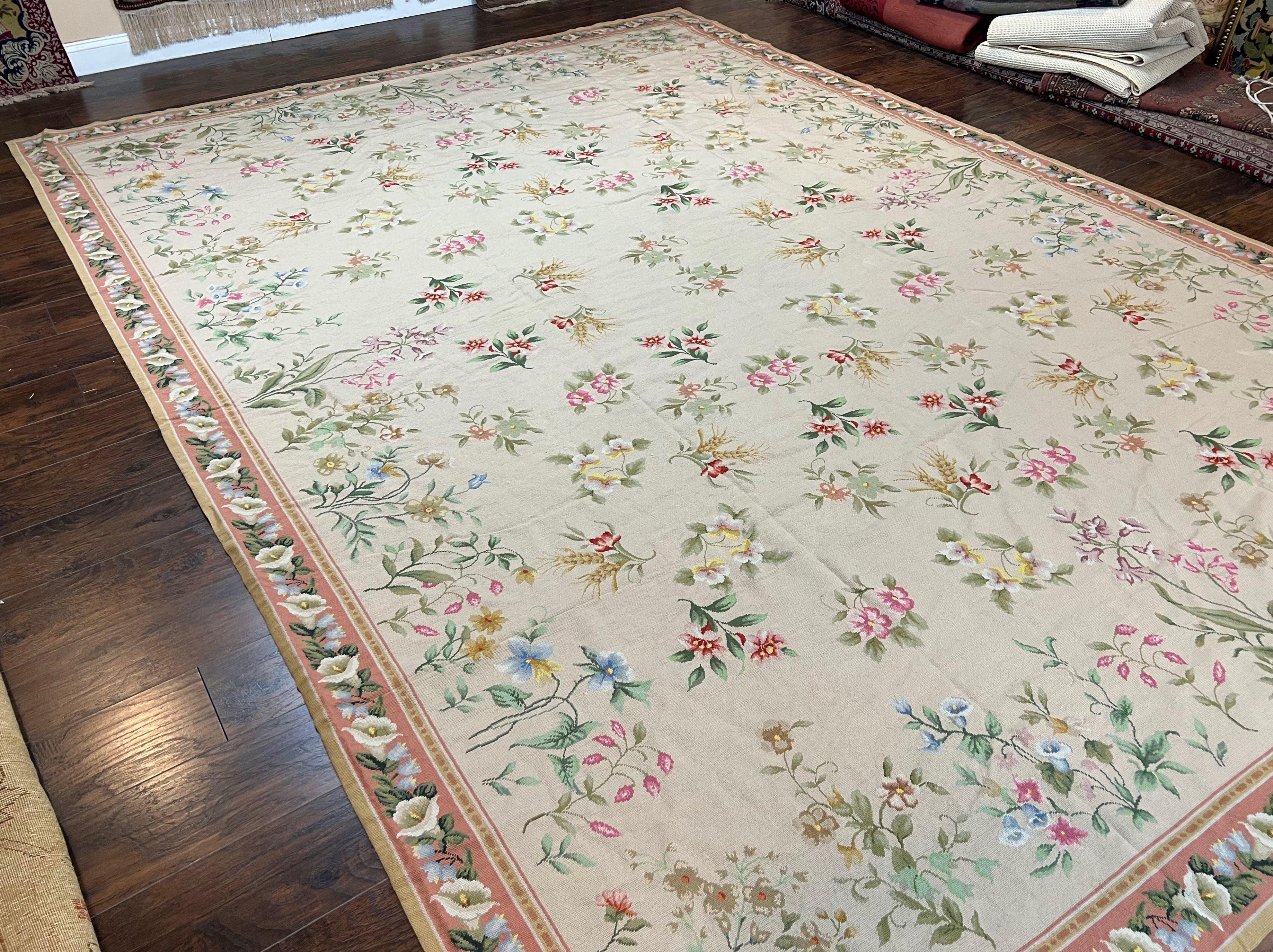 Large Needlepoint Rug 10x14 ft, Floral Allover, Handwoven Handmade Wool Needlepoint Carpet, Aubusson Design, Beige Salmon Pink 10 x 14 Rug - Jewel Rugs