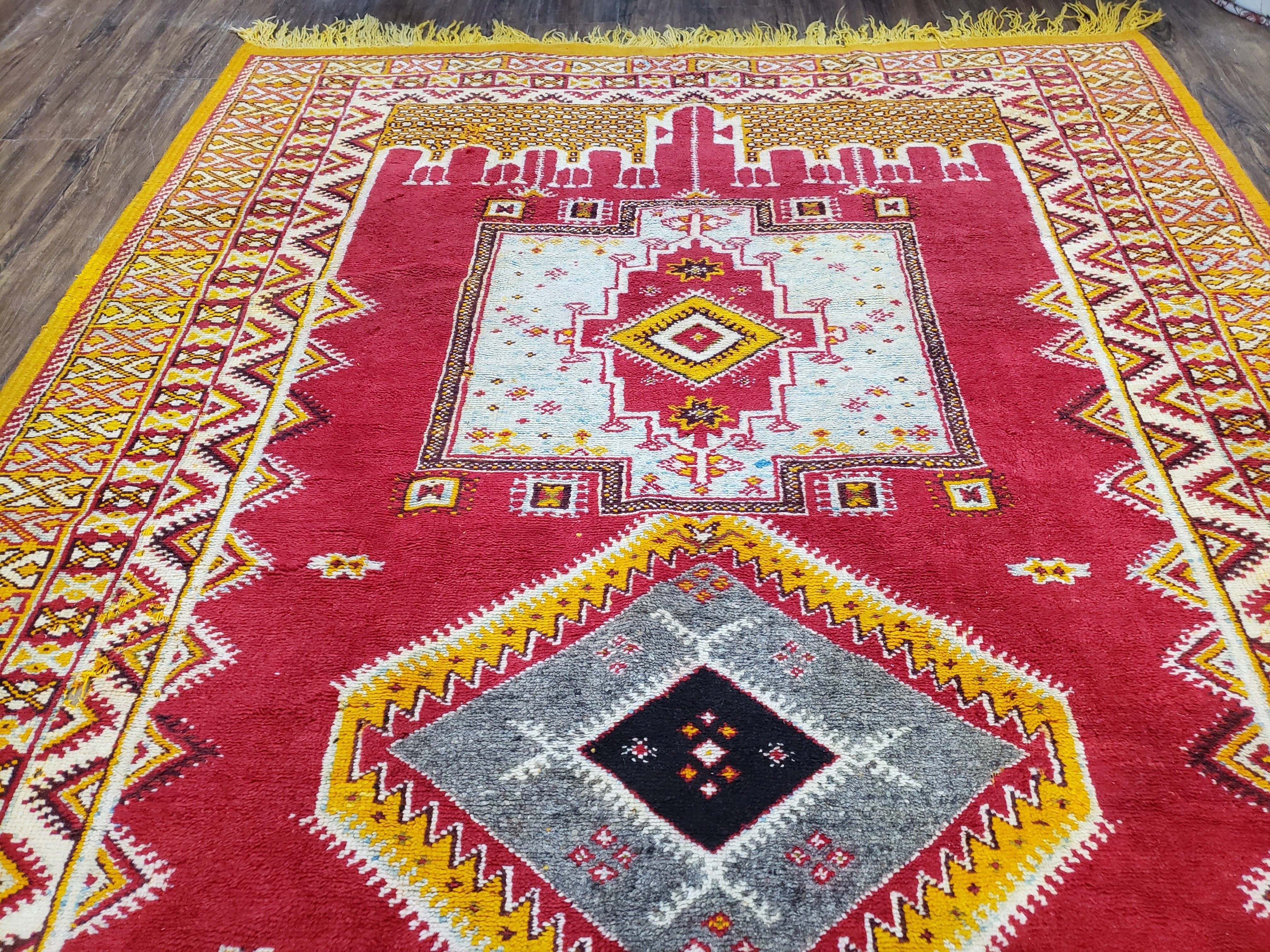 Vintage Moroccan Rug 6x10, Red and Yellow Moroccan Carpet, Handmade Bohemian Tribal Area Rug, Hand-Knotted 1970s Wool Rug, Medalions - Jewel Rugs