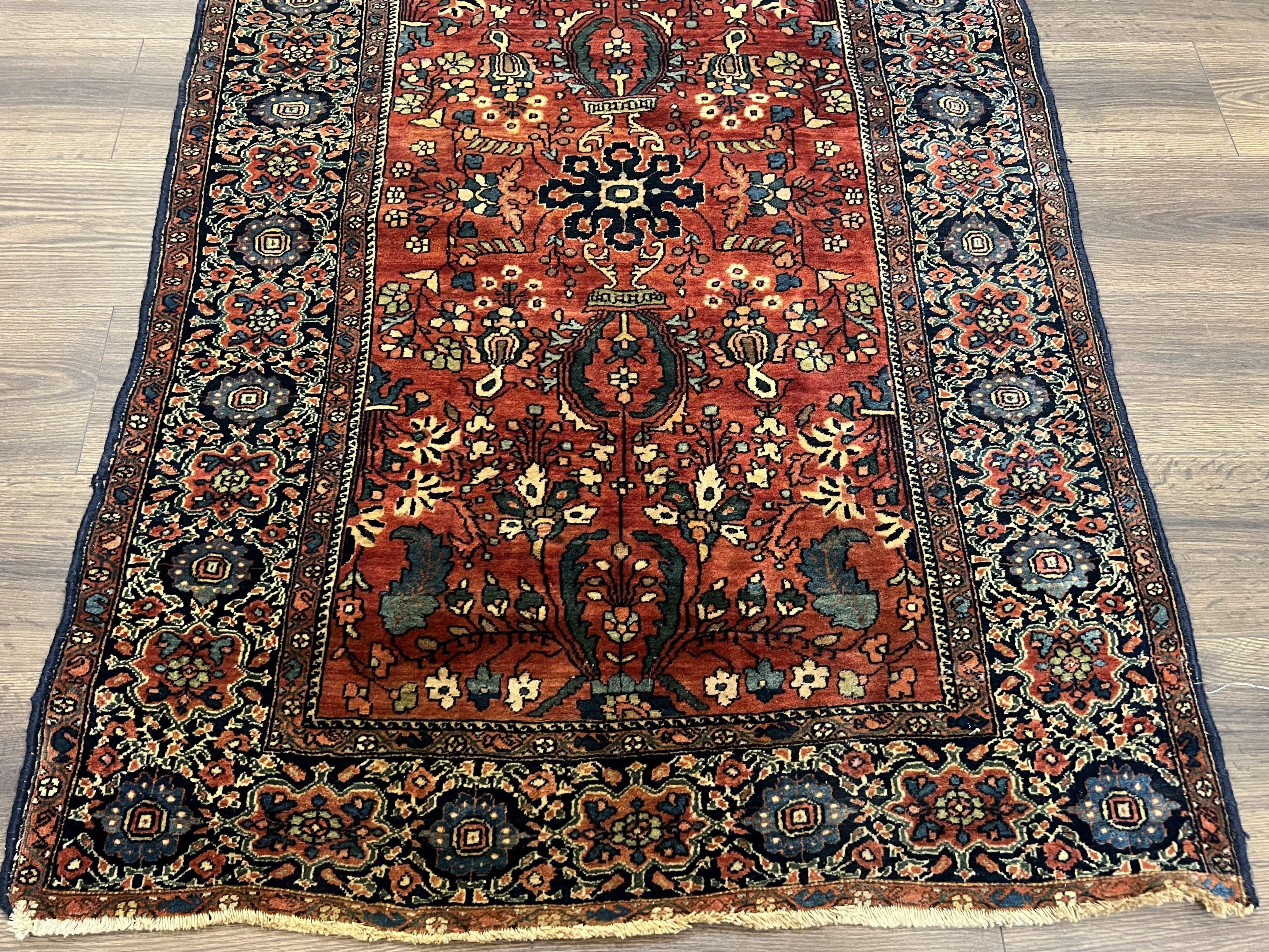 Beautiful Antique Persian Sarouk Farahan Rug 3x6, Red Navy Blue Oriental Carpet, Wool Handmade Rug, High Quality Collectible 1920s Feraghan Rug - Jewel Rugs