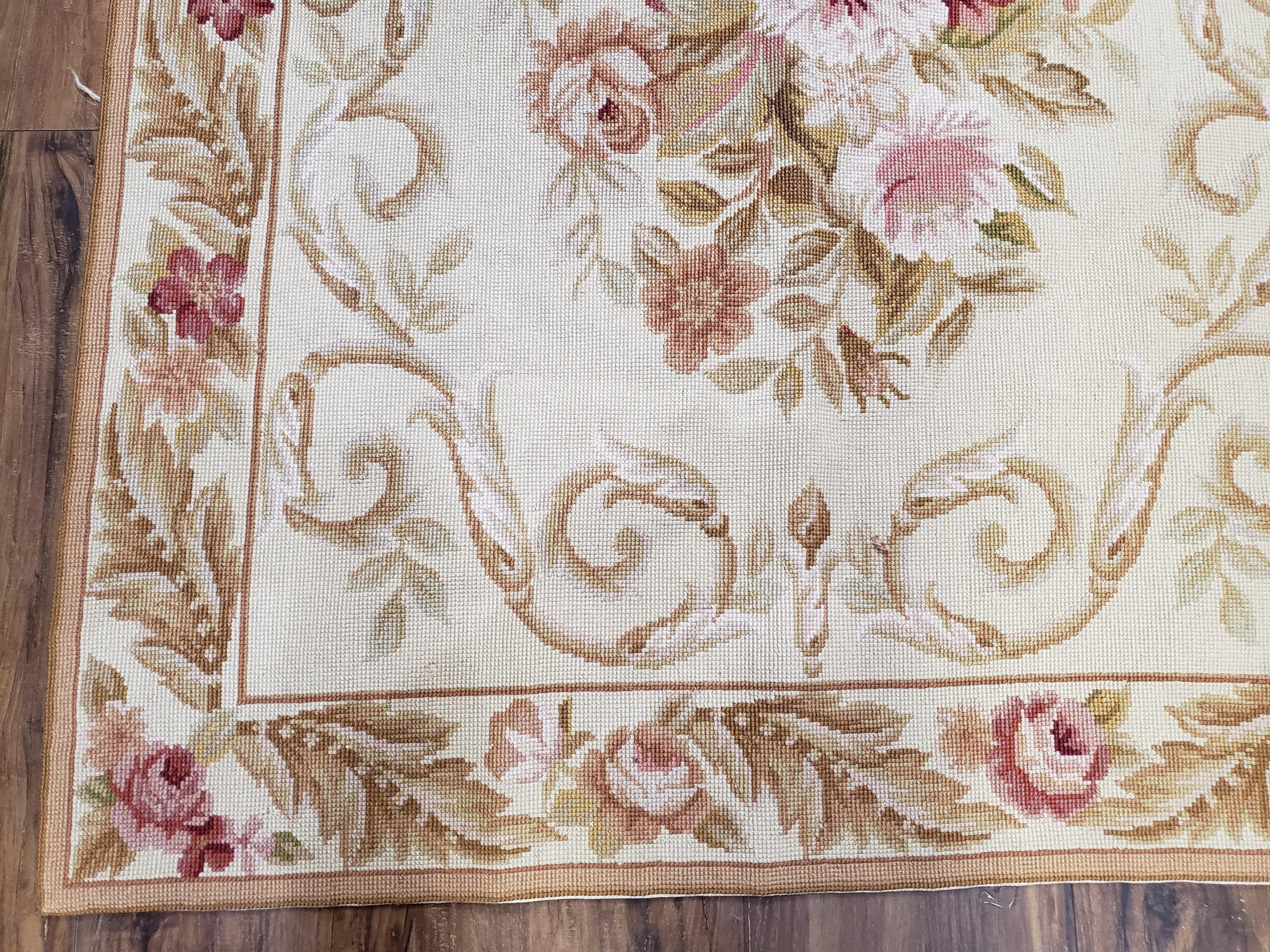 Vintage Chinese Needlepoint Rug 3x4 Hand Woven French Aubusson Floral Design, Flatweave Rug, Beige Area Rug, European Handmade Carpet 3 x 4 - Jewel Rugs