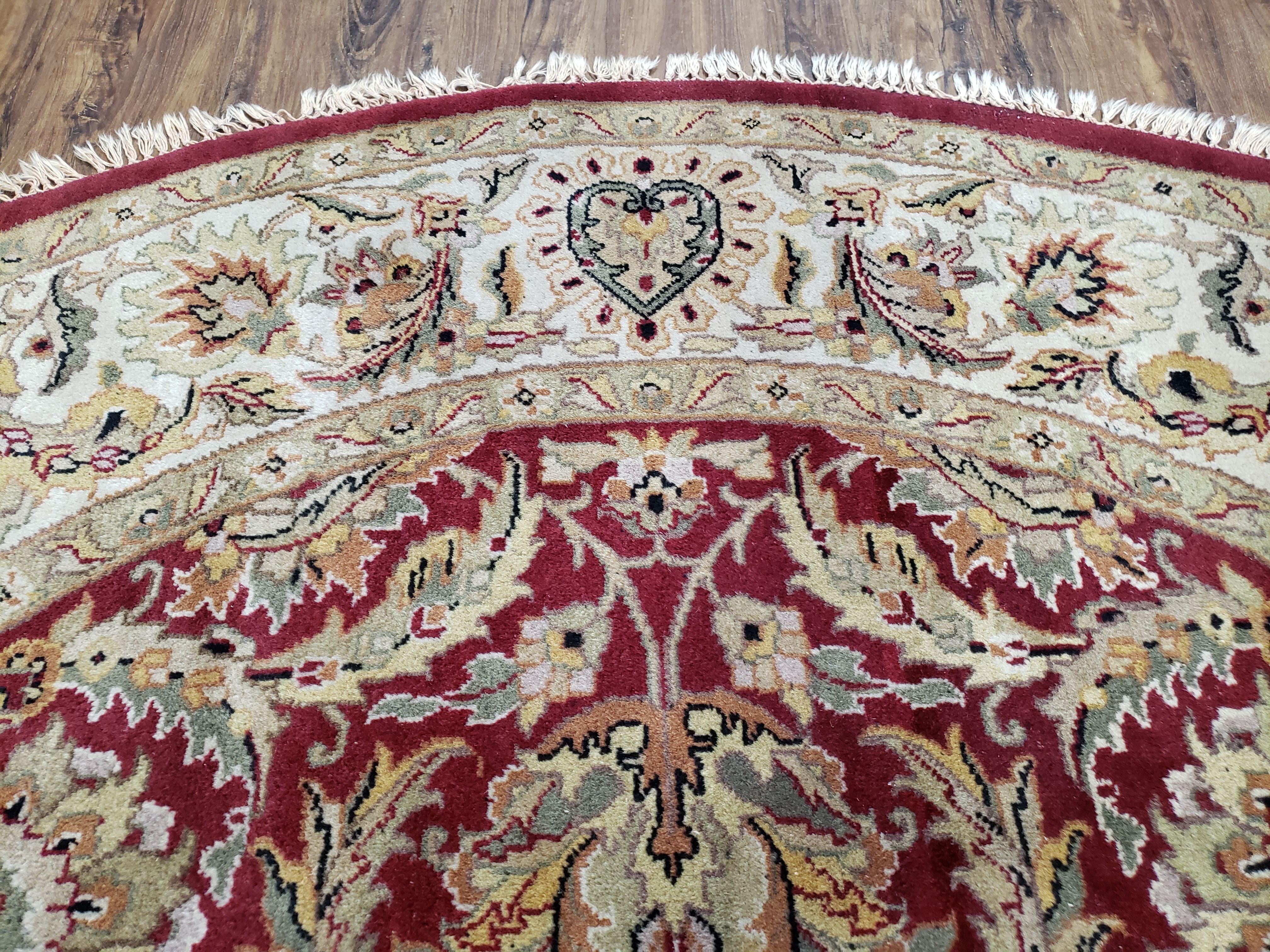 8ft Round Rug, Vintage Indo Mahal Round Oriental Carpet, Red & Beige, Indian Rug, Indo Persian Floral Rug, Hand-Knotted, Wool, 8x8 Round Rug - Jewel Rugs