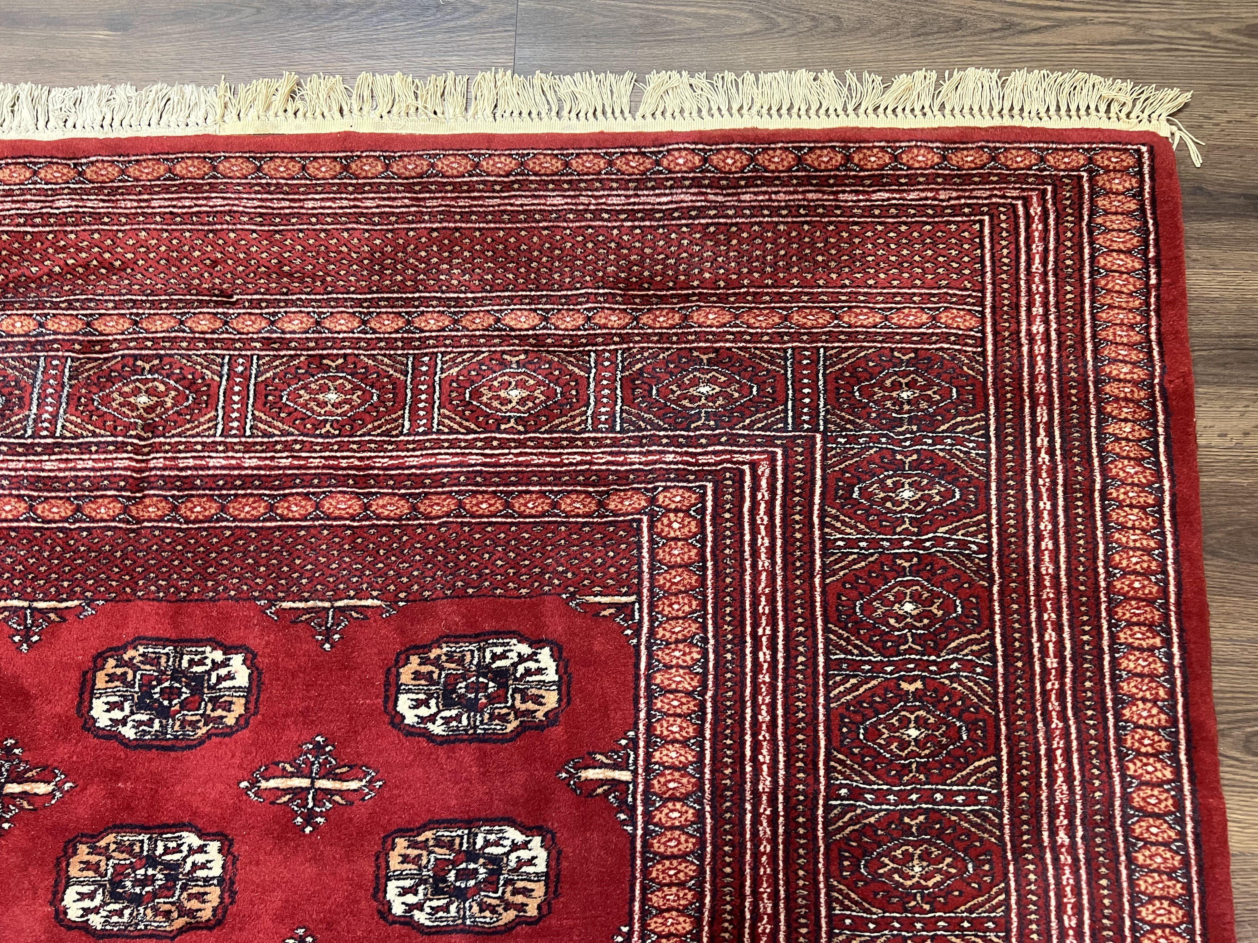 Turkoman Bukhara Rug 8x10, Vintage Bokhara Carpet 8 x 10, Red and Black, Hand Knotted Wool Area Rug, Pakistani Turkmen Rug, Living Room Rug - Jewel Rugs