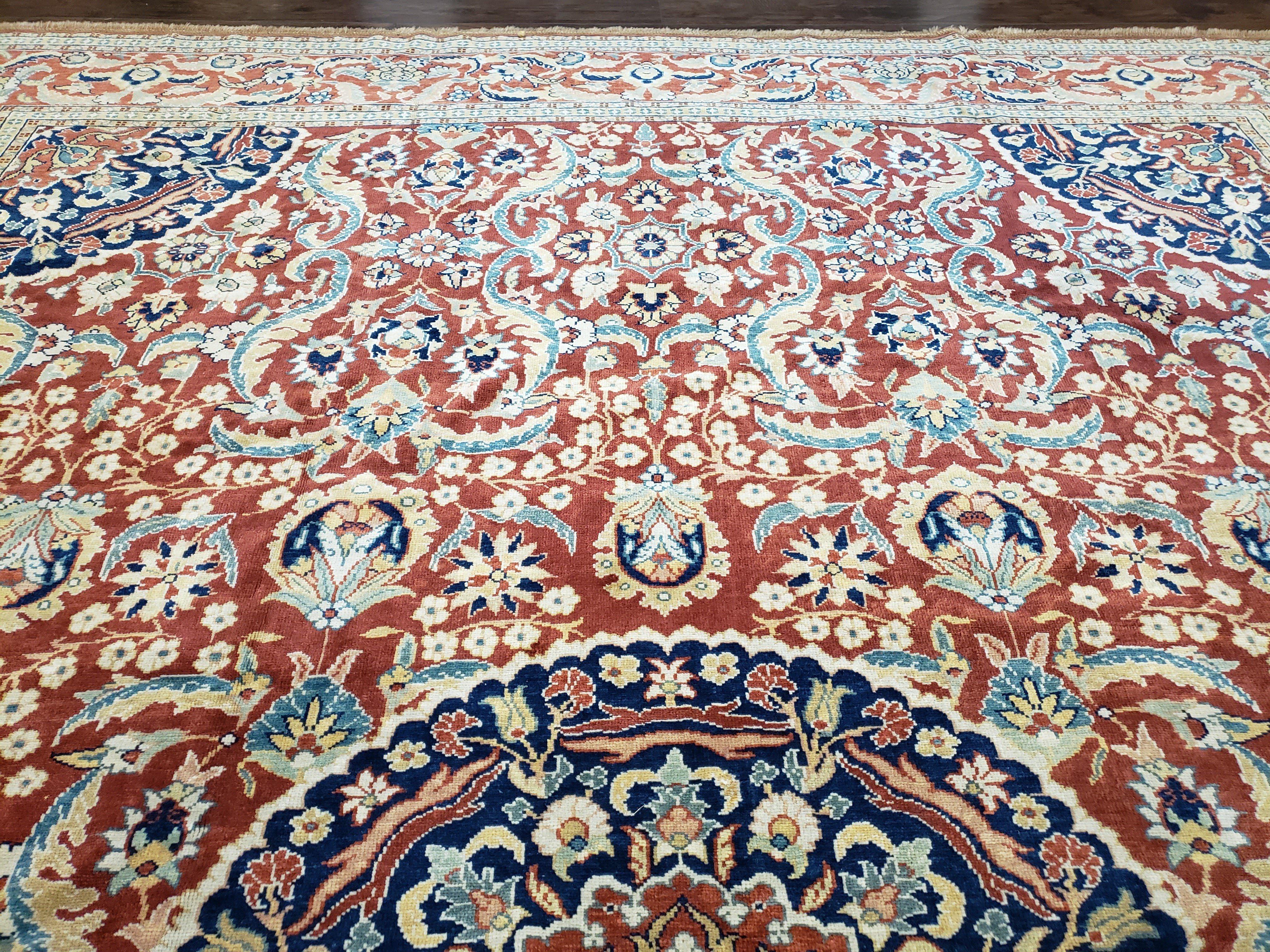 Antique Turkish Rug 10x14 - 11x14, Mahal Large Room Sized Area Rug Wool Hand-Knotted Red Blue Ivory Persian Carpet Oversized Living Room Rug - Jewel Rugs