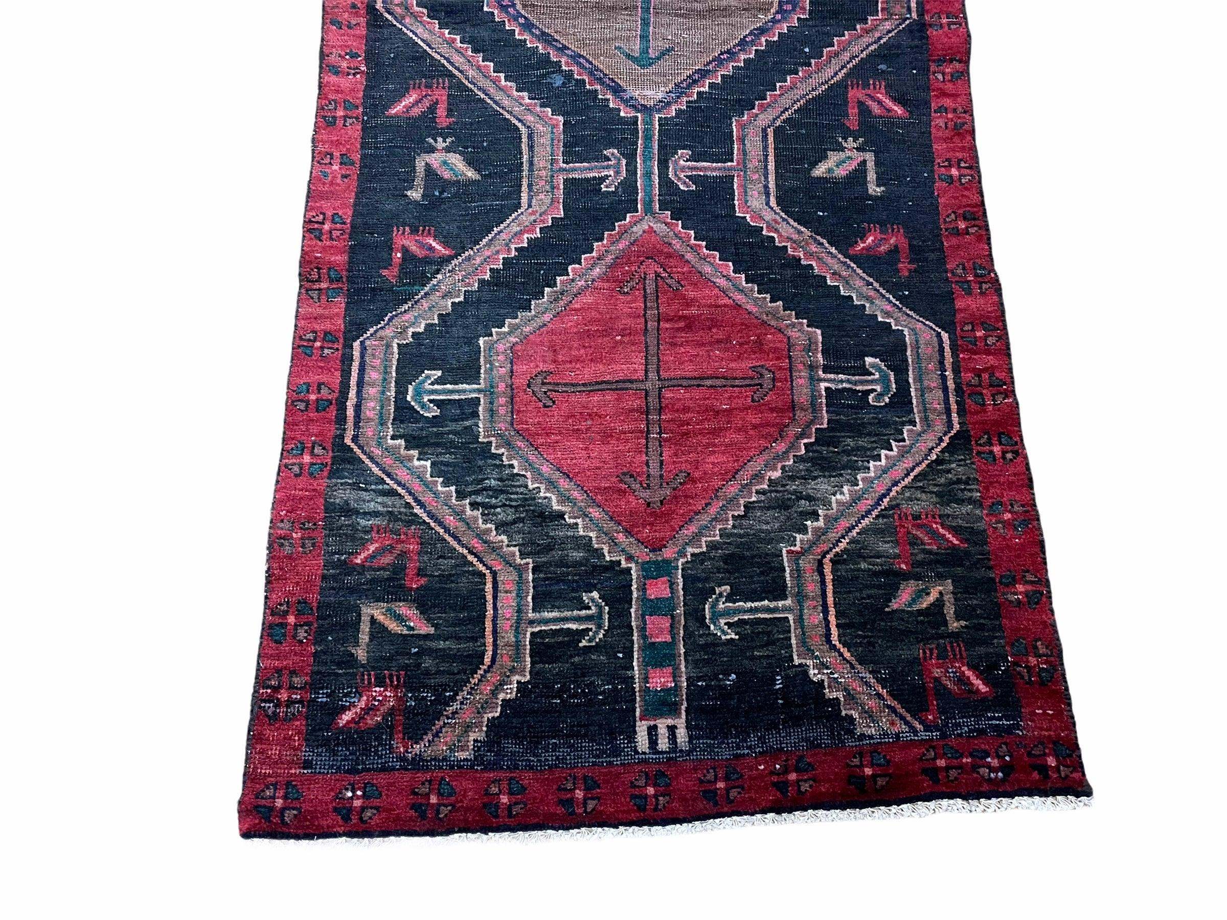 3 X 7 Handmade Wool Tribal Runner Rug Geometric Red Blue Boho Organic Dyes - Jewel Rugs