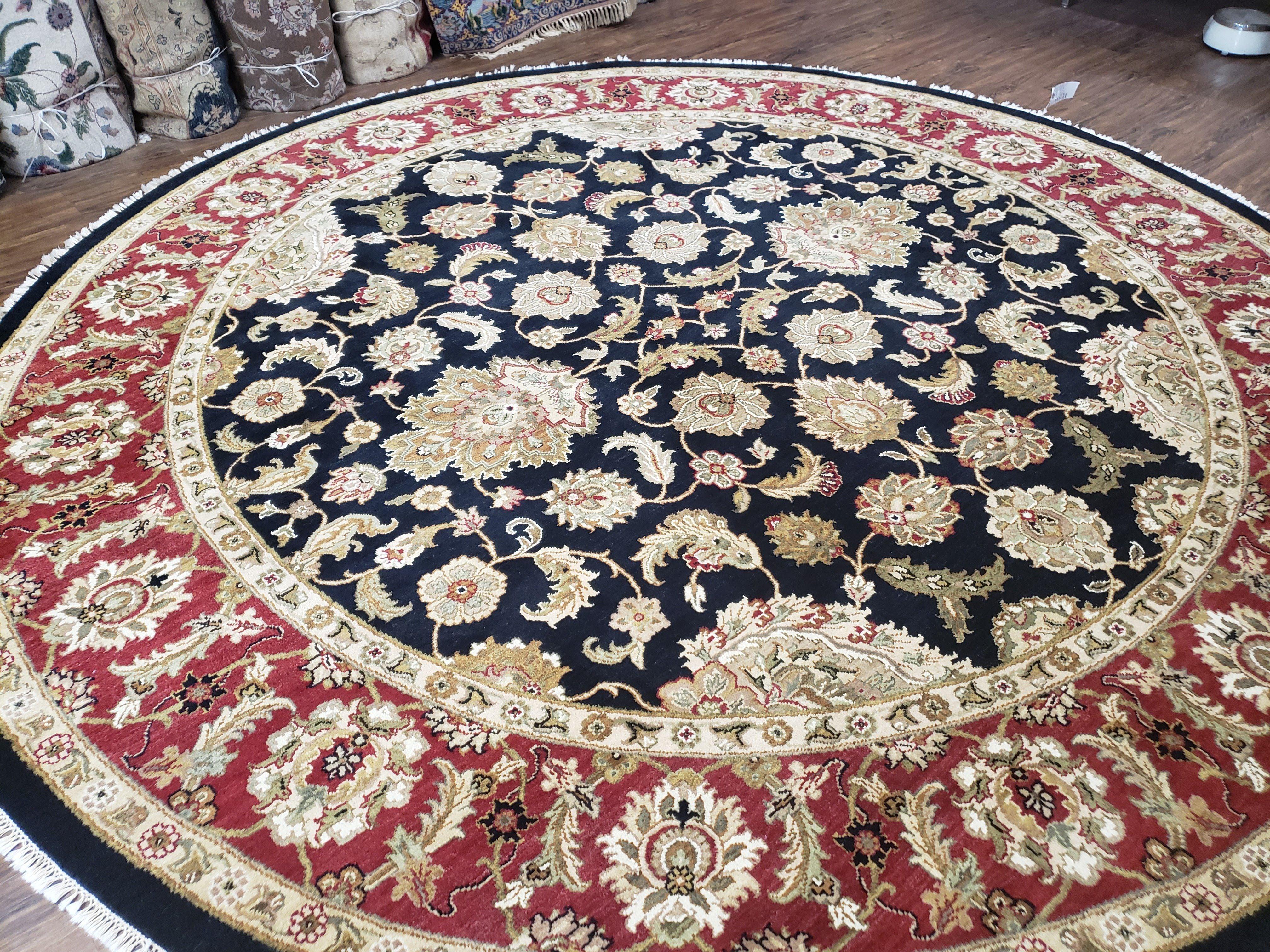 10ft Round Indian Mahal Rug, 10x10 Hand-Knotted Oriental Rug, Large Circular Handmade Rug, Midnight Blue Red and Beige, Allover Floral, Nice - Jewel Rugs