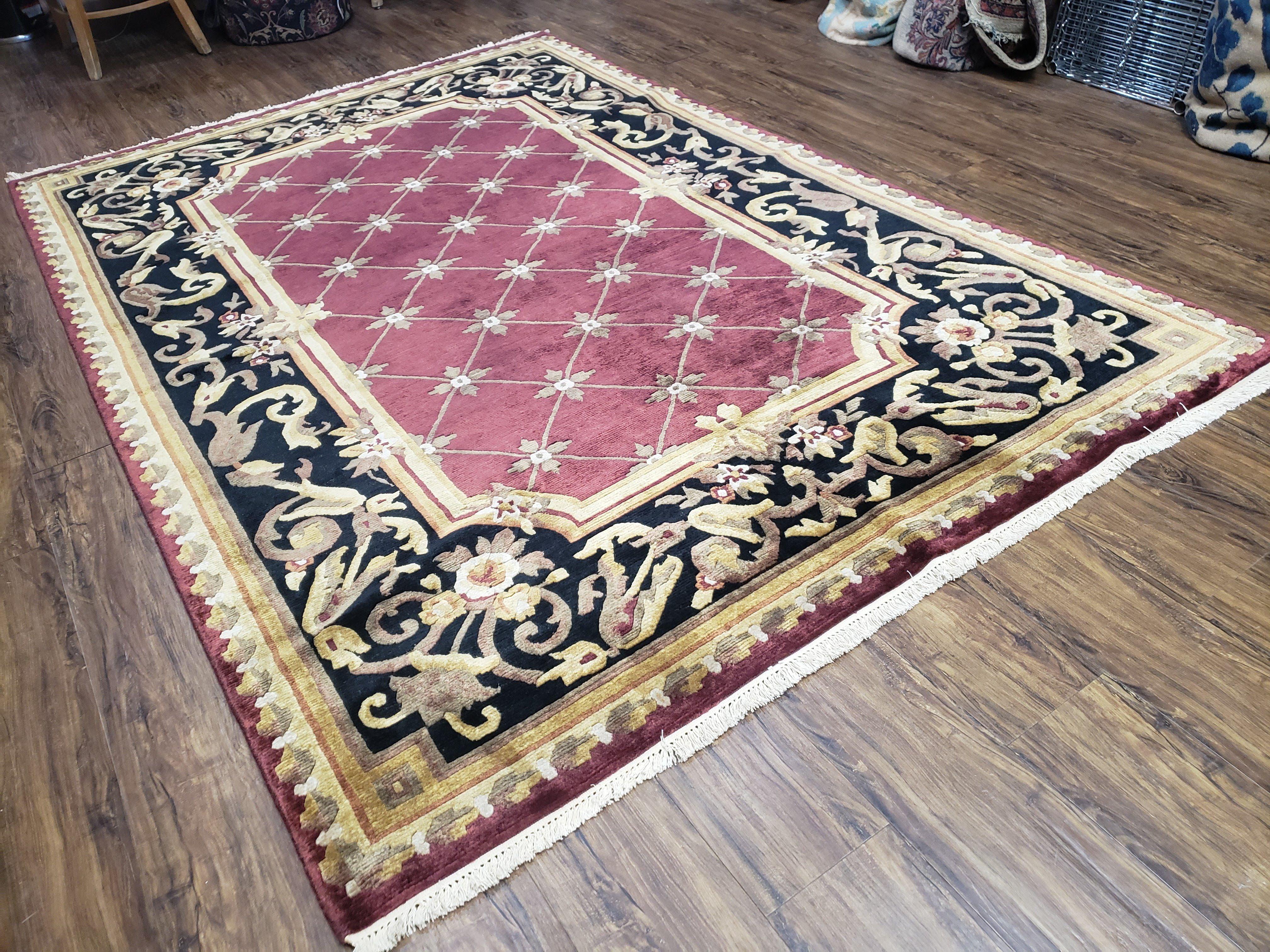 Vintage Aubusson Rug 6x9, Hibiscus Red Black & Gold Wool Hand-Knotted Carpet, 6 x 9 Small Elegant Dinning Room Area Rug, New Zealand Wool - Jewel Rugs