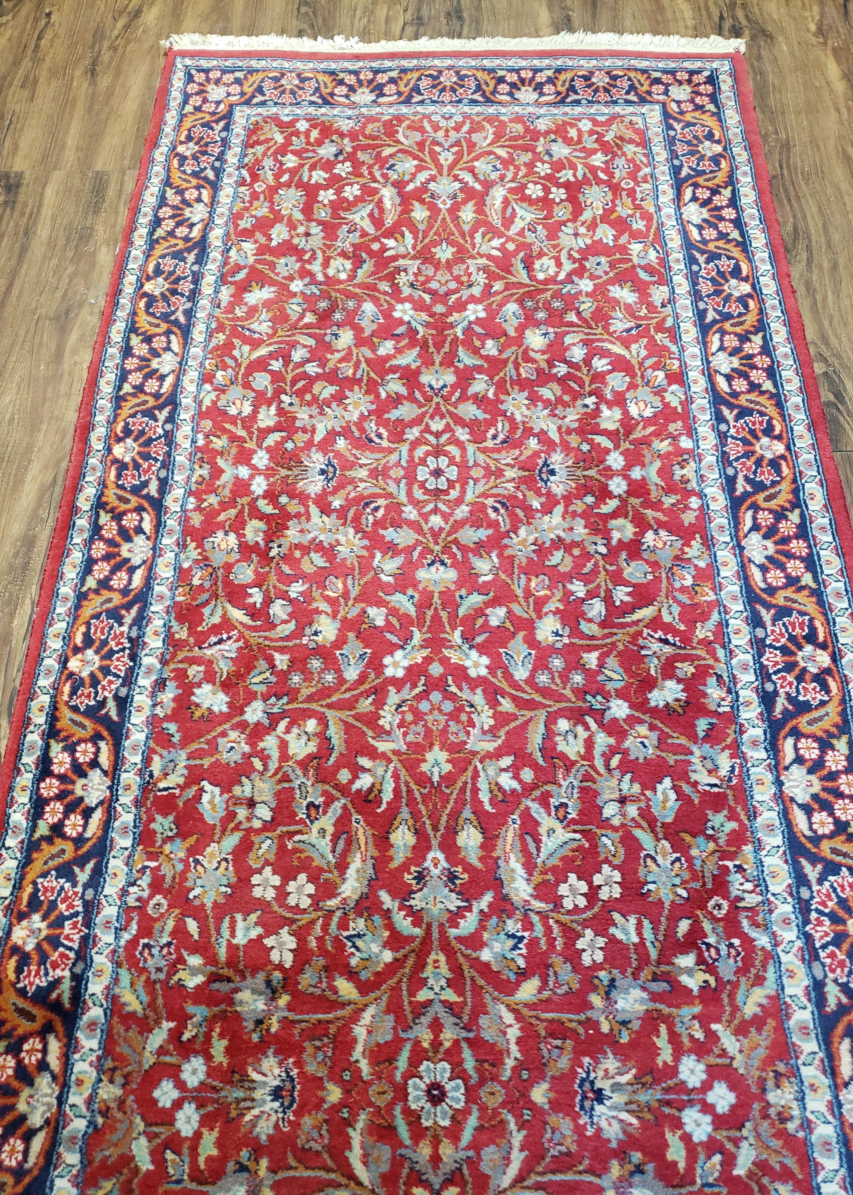 Antique Persian Sarouk Vintage Runner Rug, 2' 7" x 10' 3", Red with Dark Blue Floral Design - Jewel Rugs