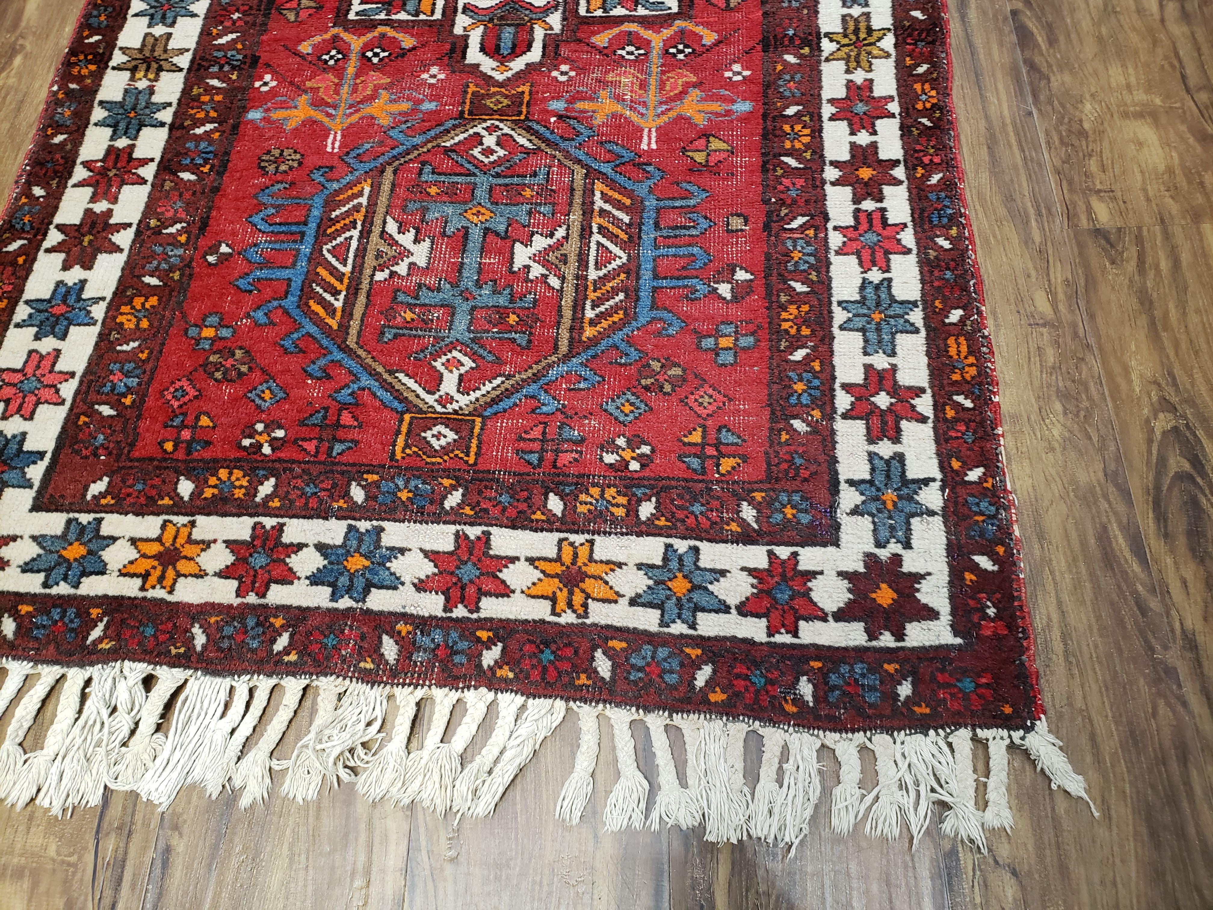 Antique Persian Heriz Karajeh Runner Rug, Red, Hand-Knotted, Wool, 3' 3" x 10' 11" - Jewel Rugs