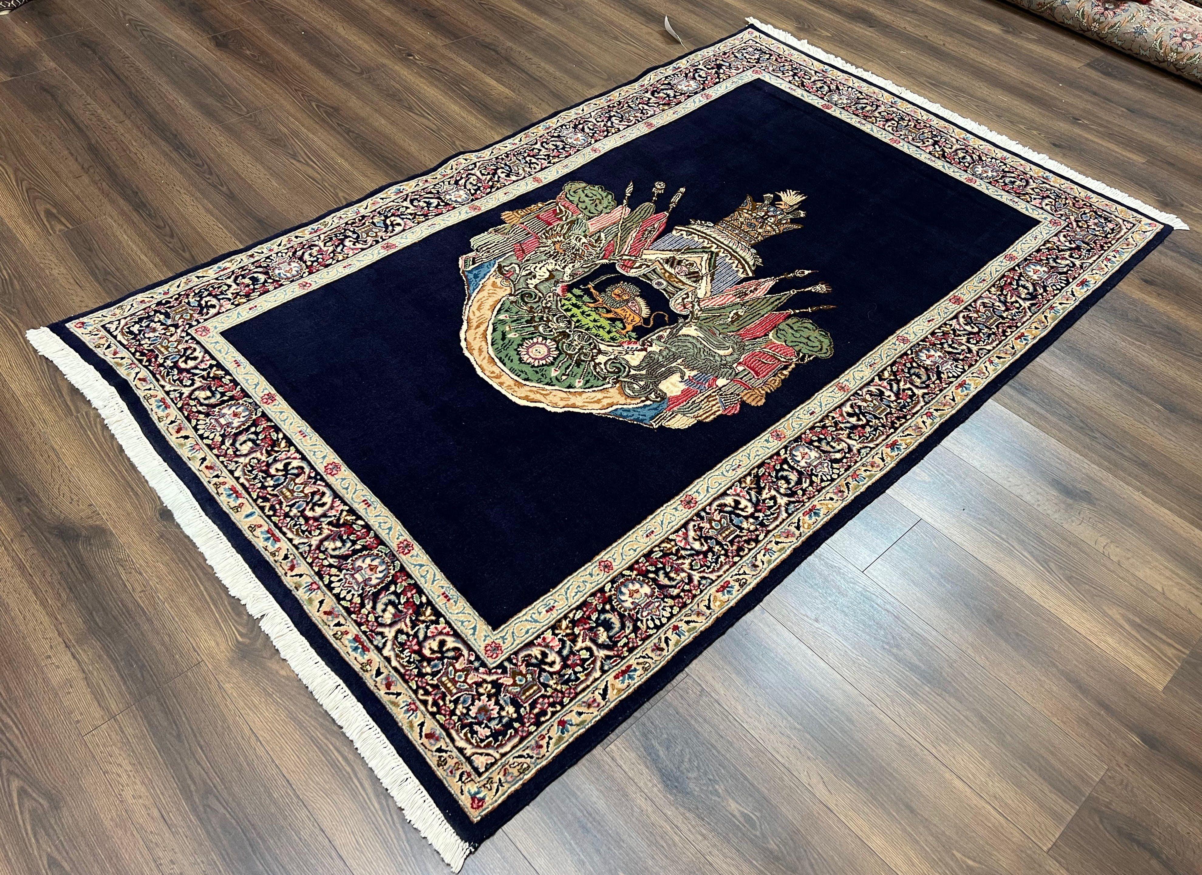 Persian Kirman Rug 5x8, Navy Blue and Beige, Persian Lion with Sword and Sun Motif, Hand Knotted Wool Fine Oriental Carpet, Semi Antique - Jewel Rugs