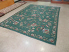 7' X 10' Vintage Handmade Indian Embroidery Hand Stitched Green Rug Wool - Jewel Rugs