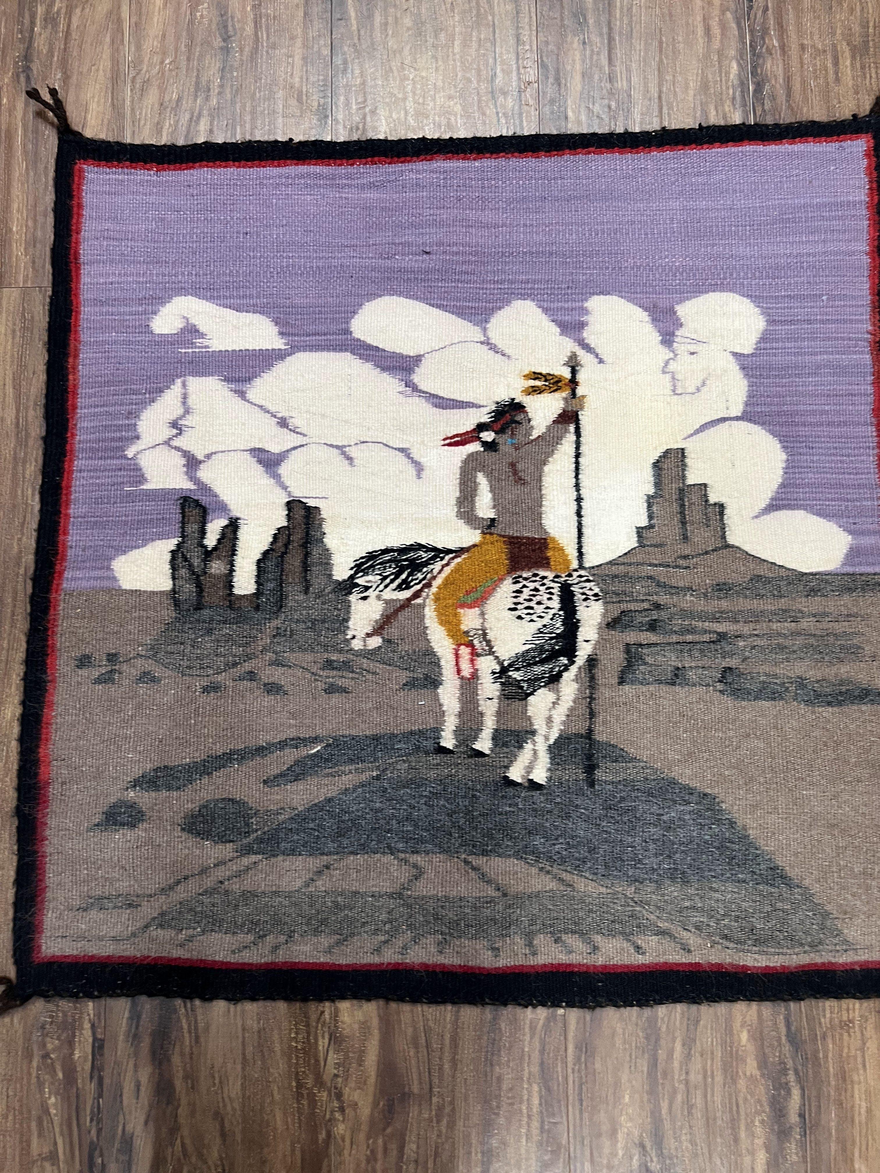 Antique Navajo Weaving, Navajo Textile 2.6 x 2.6, Small Square Navajo Rug, Native American Indian on Horse, Handmade, Wool, Collectible - Jewel Rugs