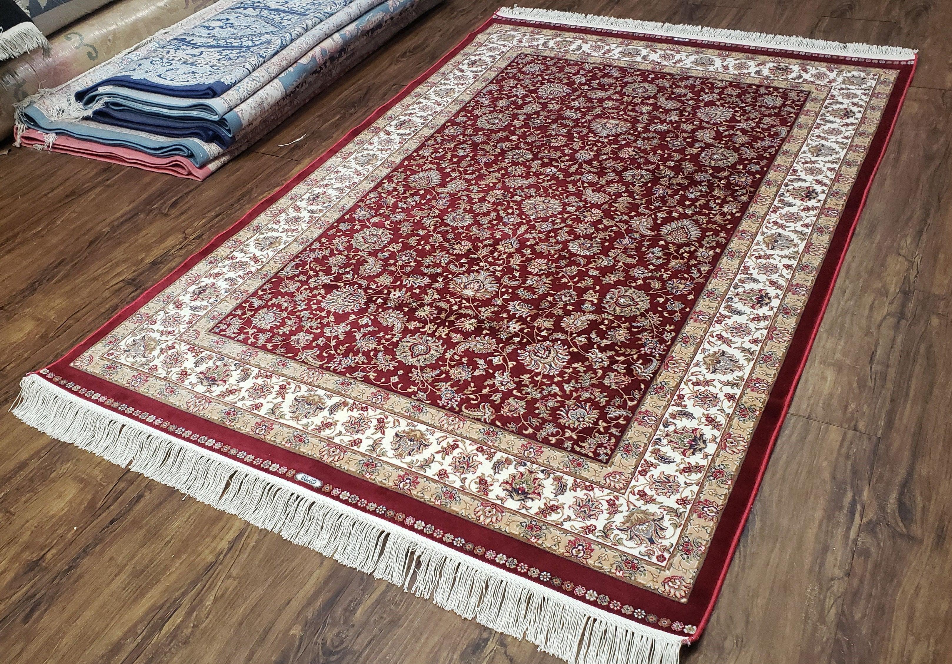 Dark Red Silk Carpet 4 by 6 Oriental Rug, Cream, Allover Pattern, Persian Design, Bamboo Silk, Mint Condition, Super Soft, Fine, Top Quality - Jewel Rugs