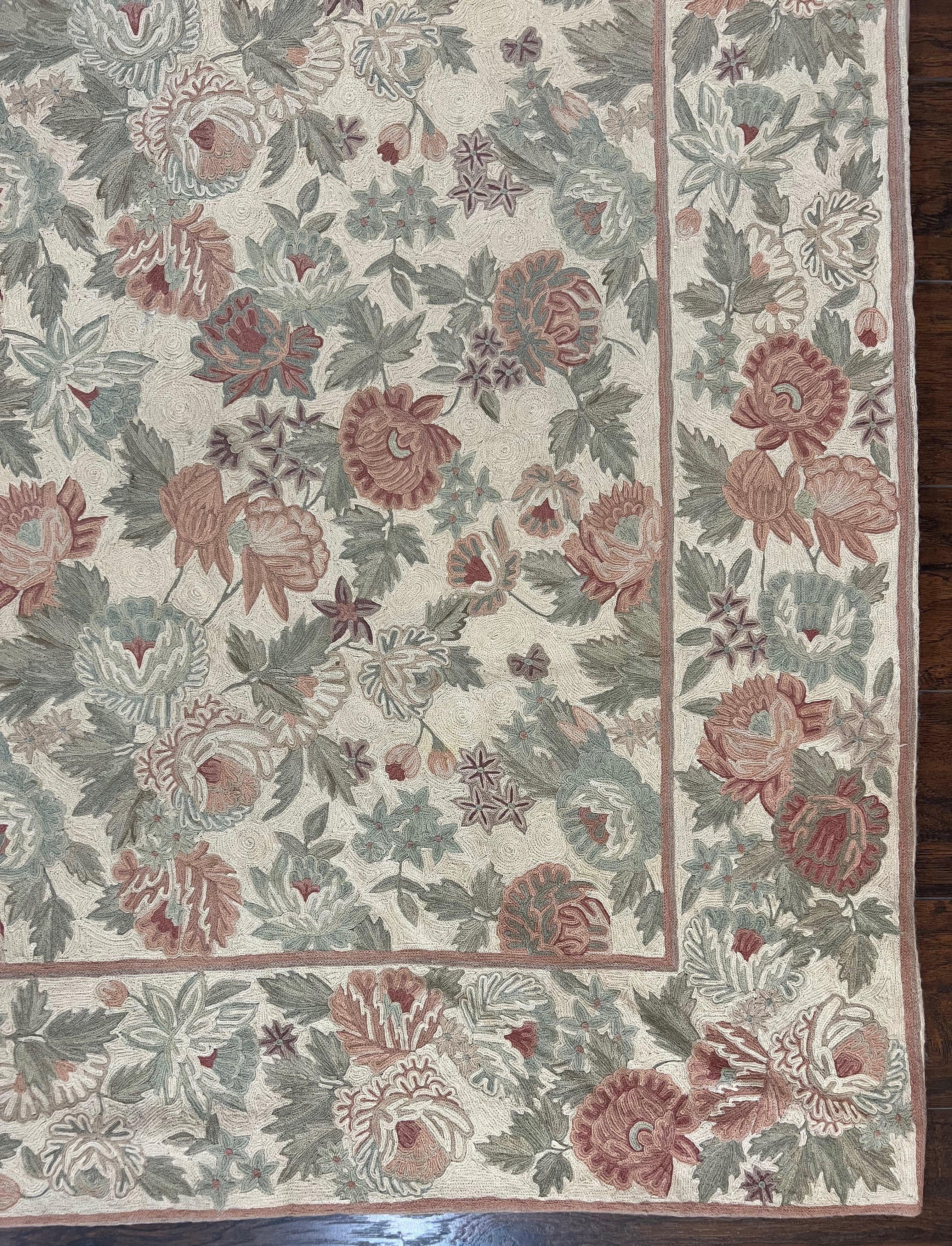 Indian Hand Stitched Rug 9x12, Floral Allover, Vintage Chain Stitched Wool Carpet, Cream Rose Pink Green, Large Flatweave Area Rug 9 x 12 ft - Jewel Rugs